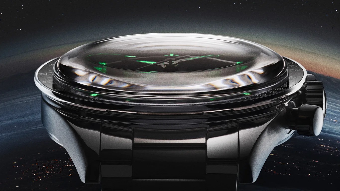 closeup of an omega watch in outer space