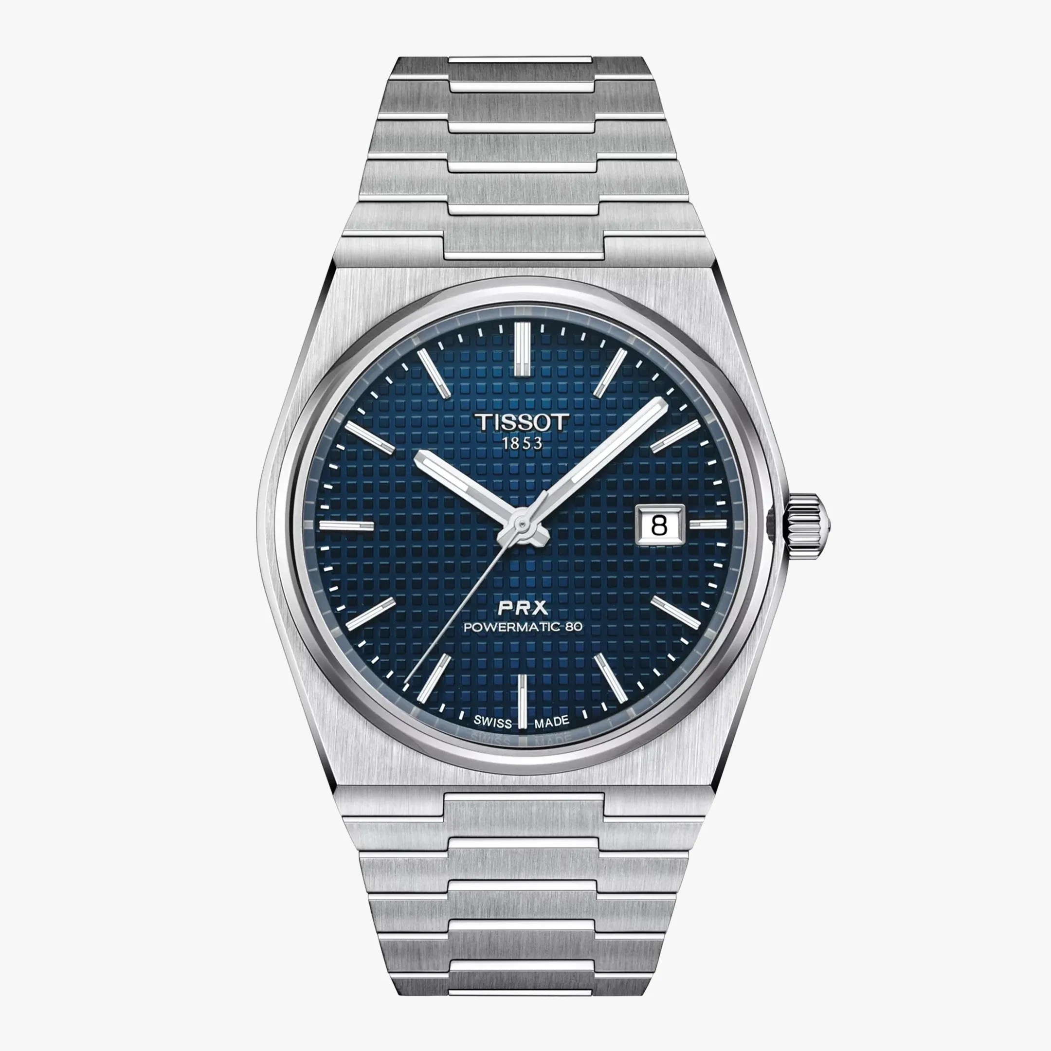 Stainless steel Tissot PRX Powermatic 80 watch with blue textured dial and date window at 3 o'clock.