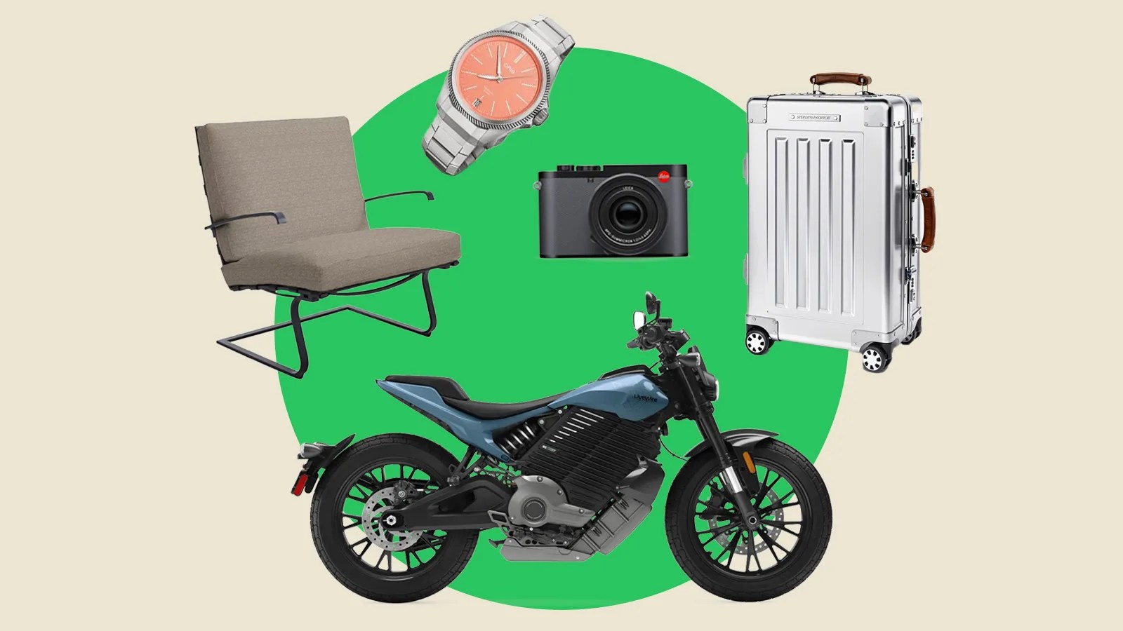 An image of collage showing a motorcycle in a pink sports bra surrounded by other product images in a semi circle. The women is positioned in front of a light green circle at the center of a light yellow rectangle.