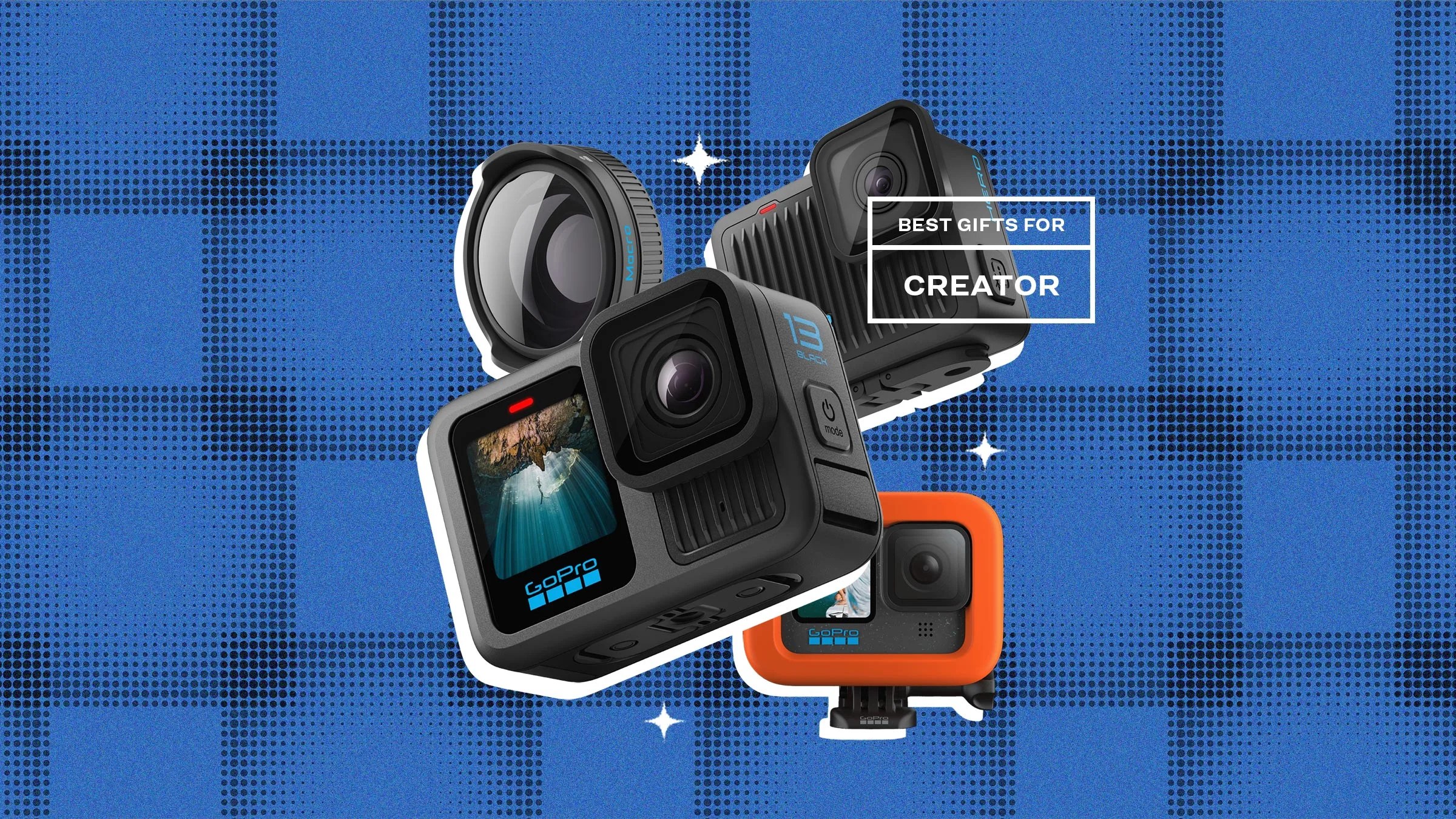 go pro cameras in group on blue background