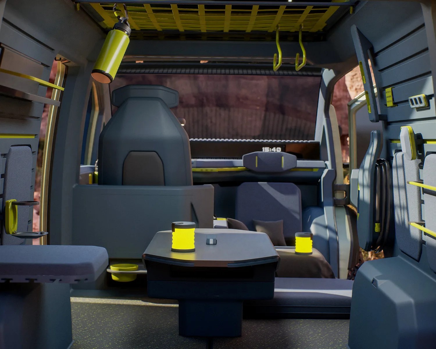 the interior of the kia pv5 wkndr ev camper van concept