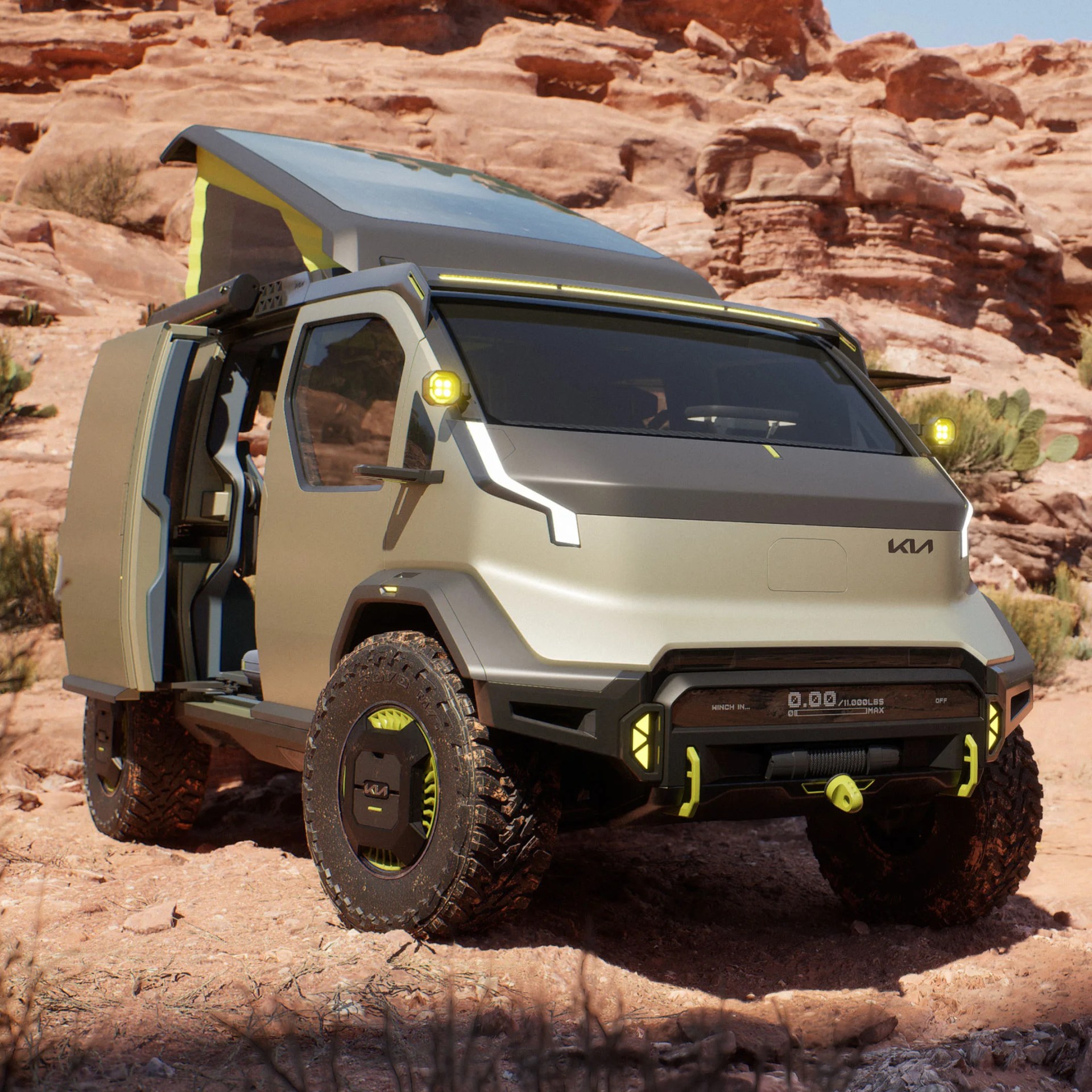 the kia pv5 wkndr ev camper van concept in the desert