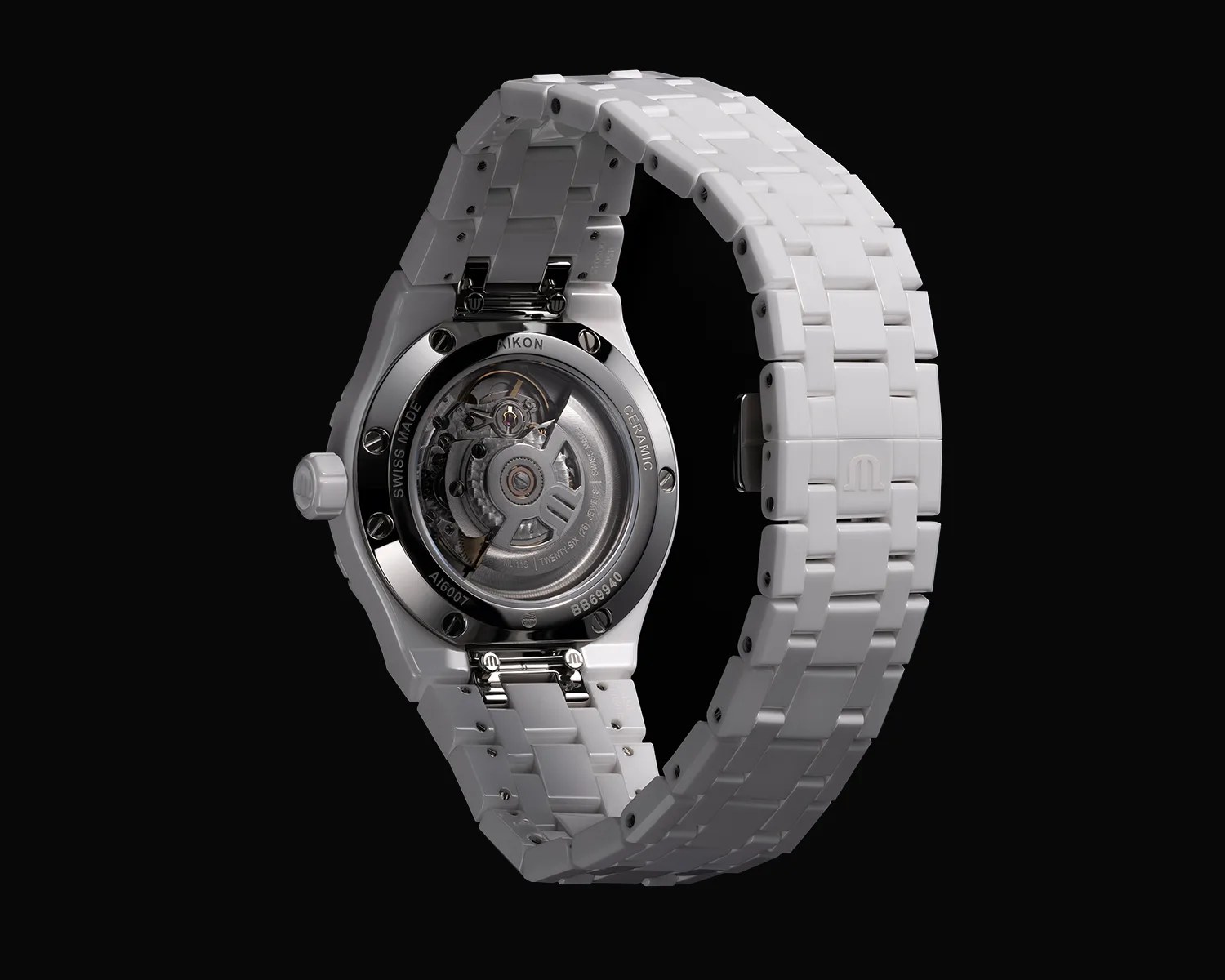 a white ceramic maurice lacroix watch seen from behind