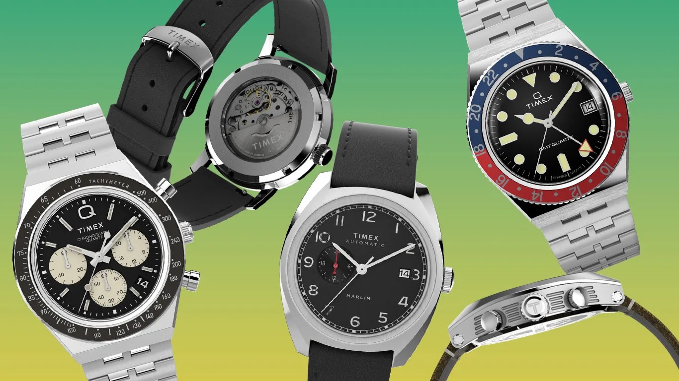 a number of timex watches against a gradient background