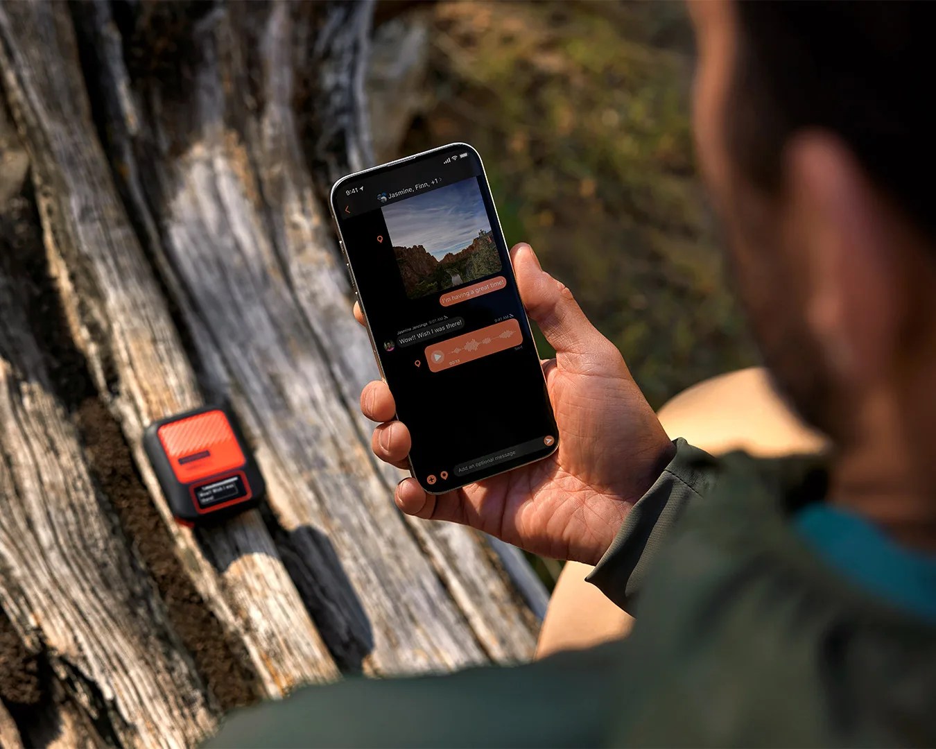 man using Garmin inReach® Messenger Plus SOS Satellite Communicator