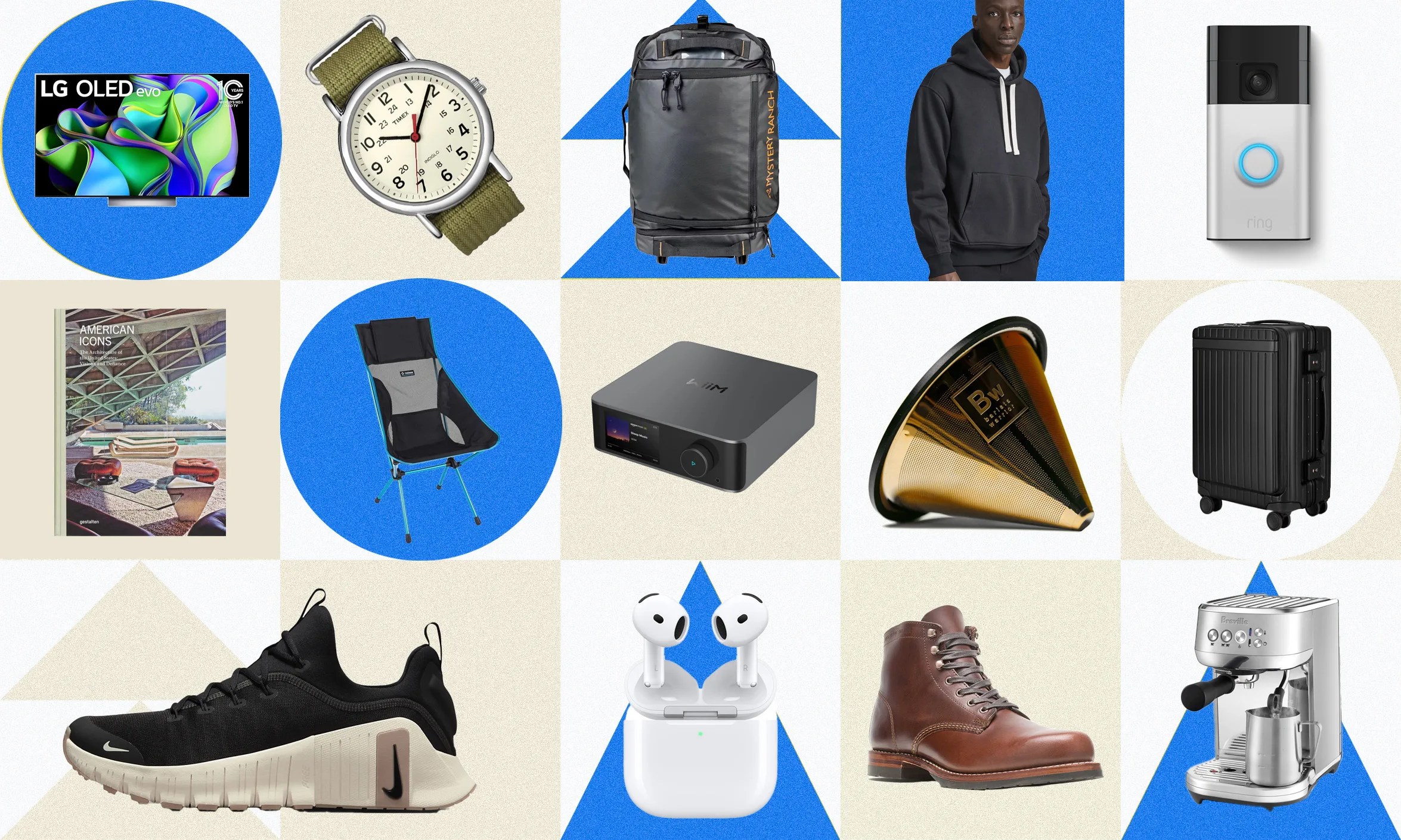 A grid of products shown on a contrasting warm blue and cream white background. The products are cut out in a way to merchandise them like a shopping window.