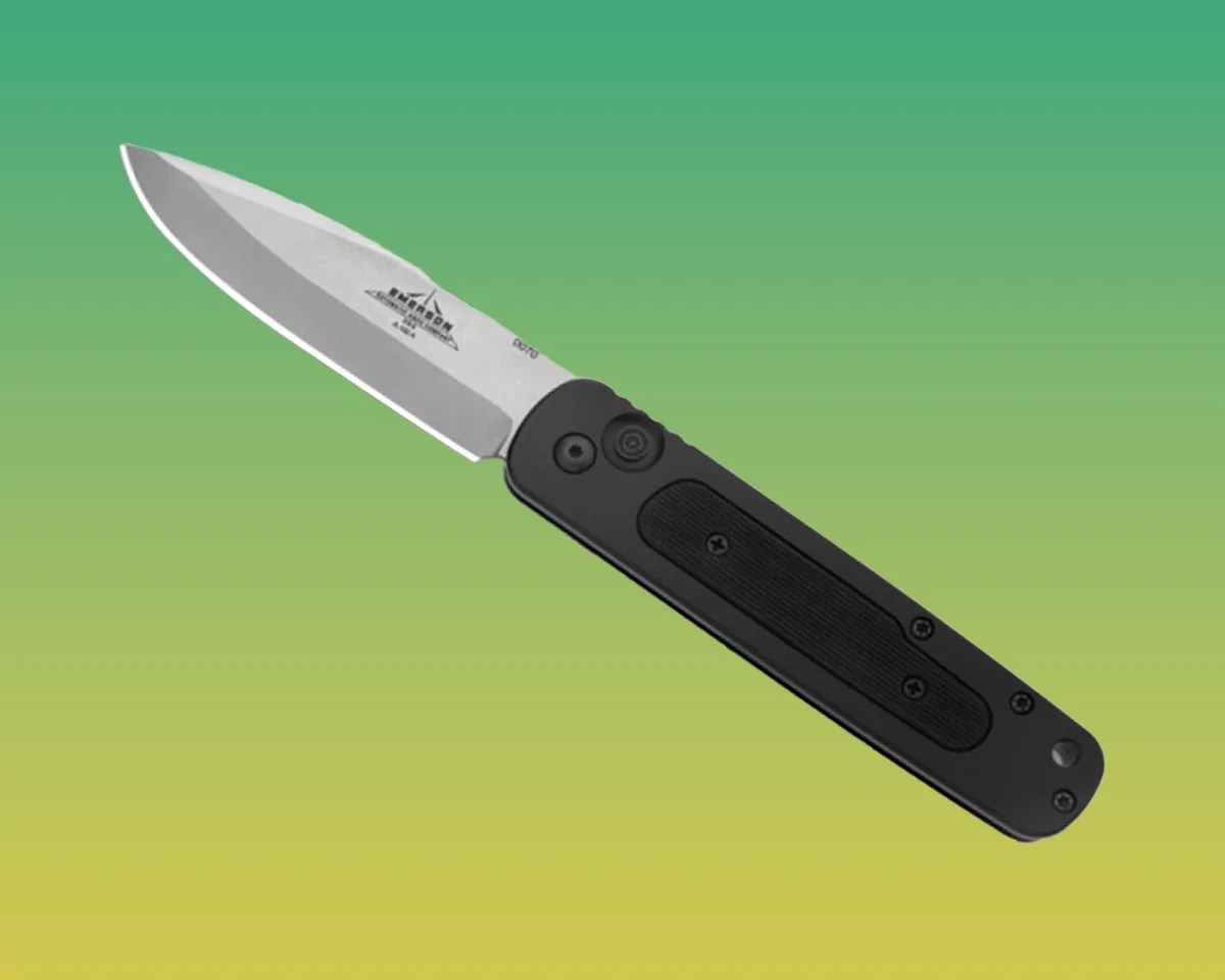 Emerson A 100 Automatic knife on gradient green yellow background