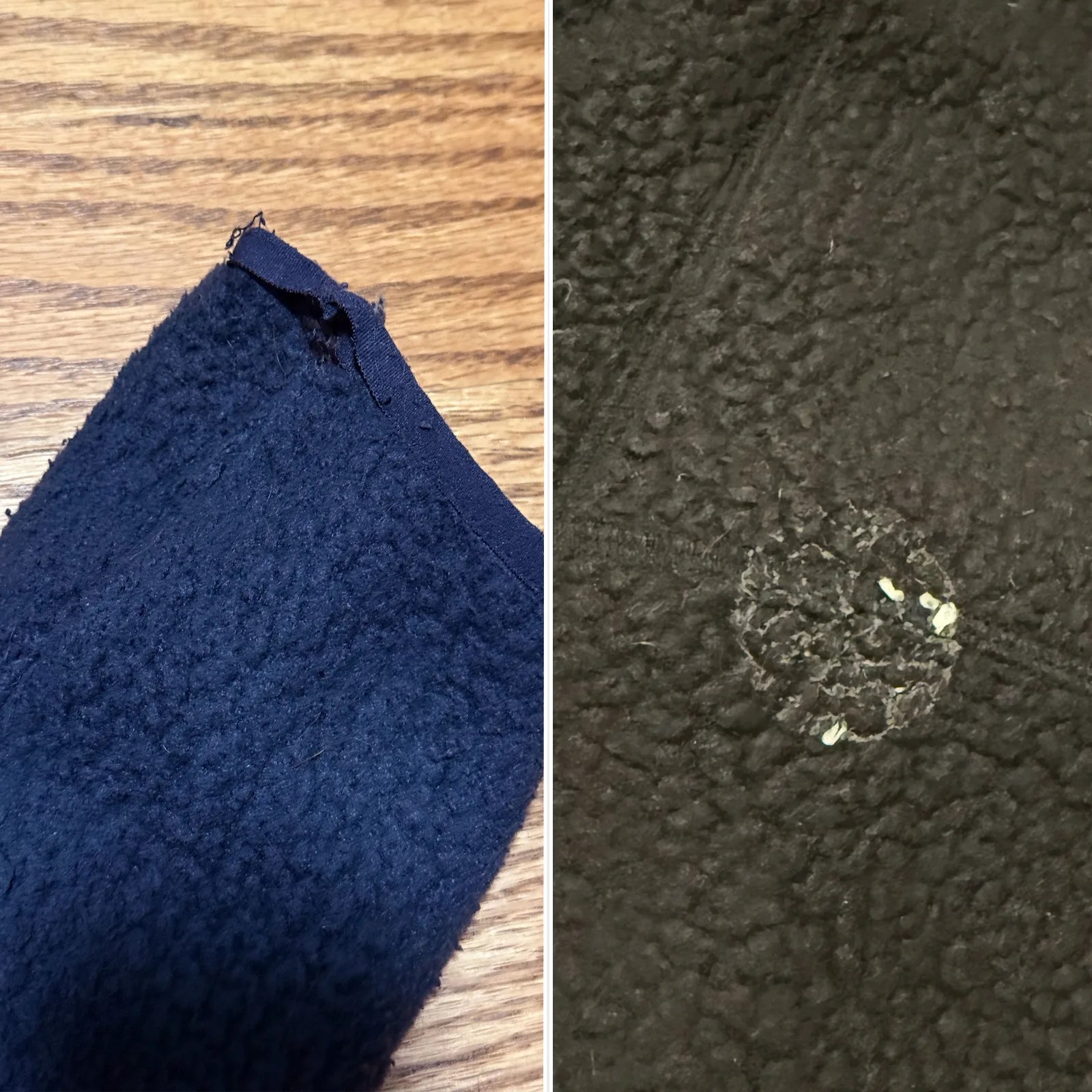 A side by side of two photos showing wear and tear to two different Patagonia Fleeces. The left one shows a tear in the sleeve. The right one shows the residue of a sticker. 