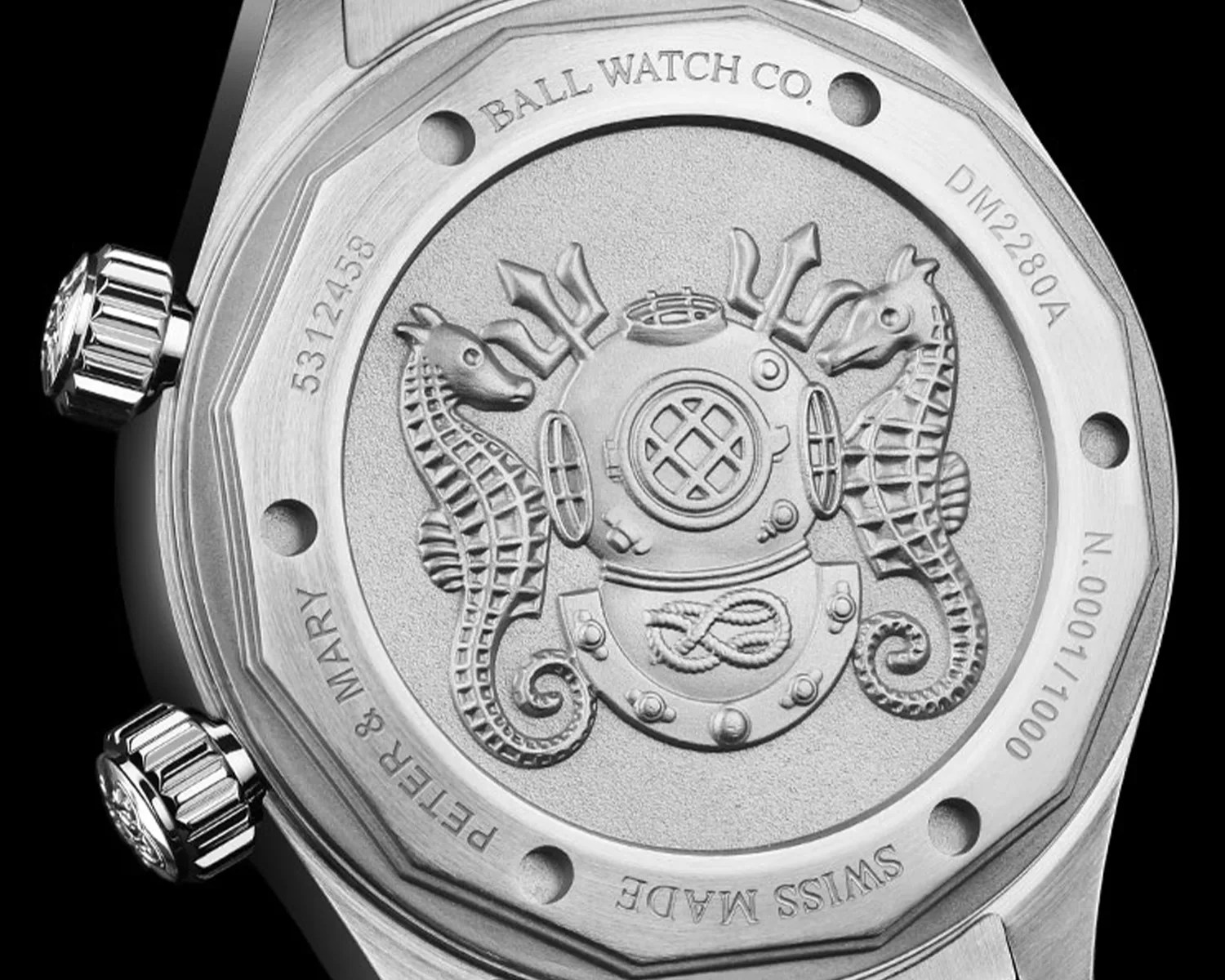 the caseback of a ball dive watch