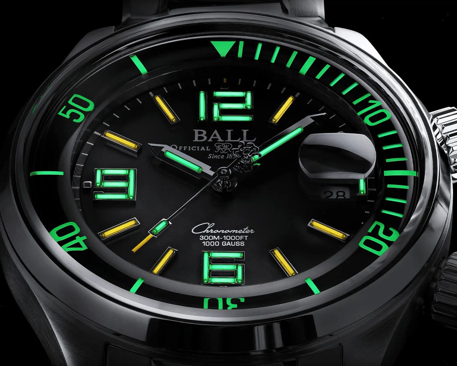a ball dive watch with glowing tritium lume