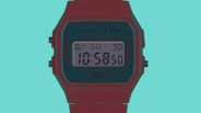 a casio watch with its colors inverted against a tiffany blue background
