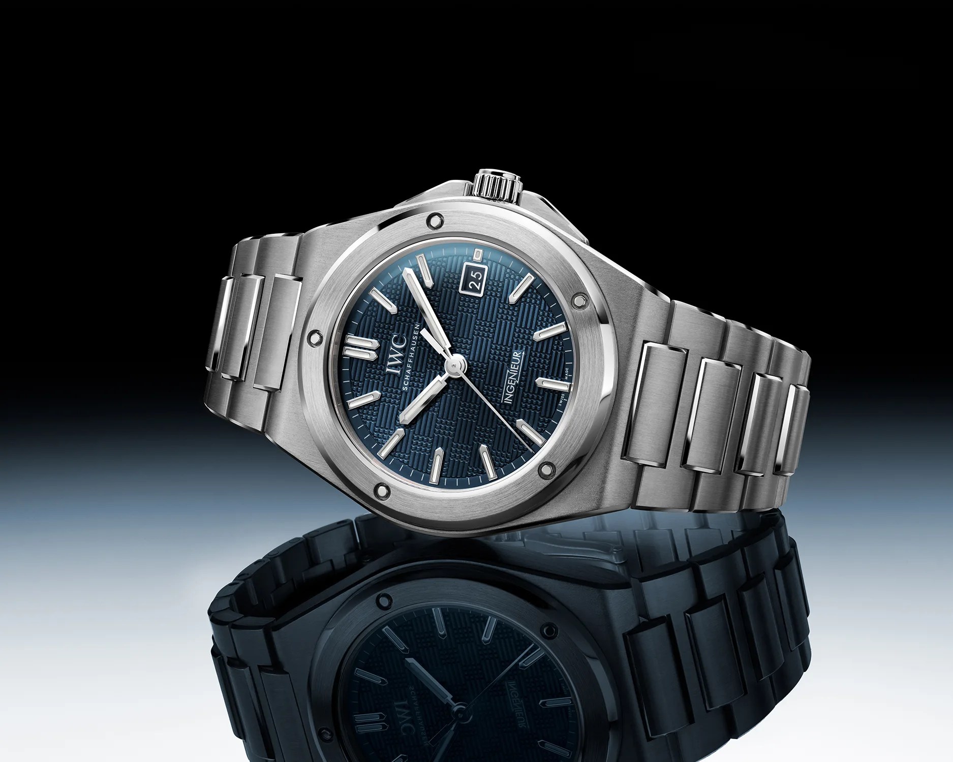 a blue iwc sports watch on its side