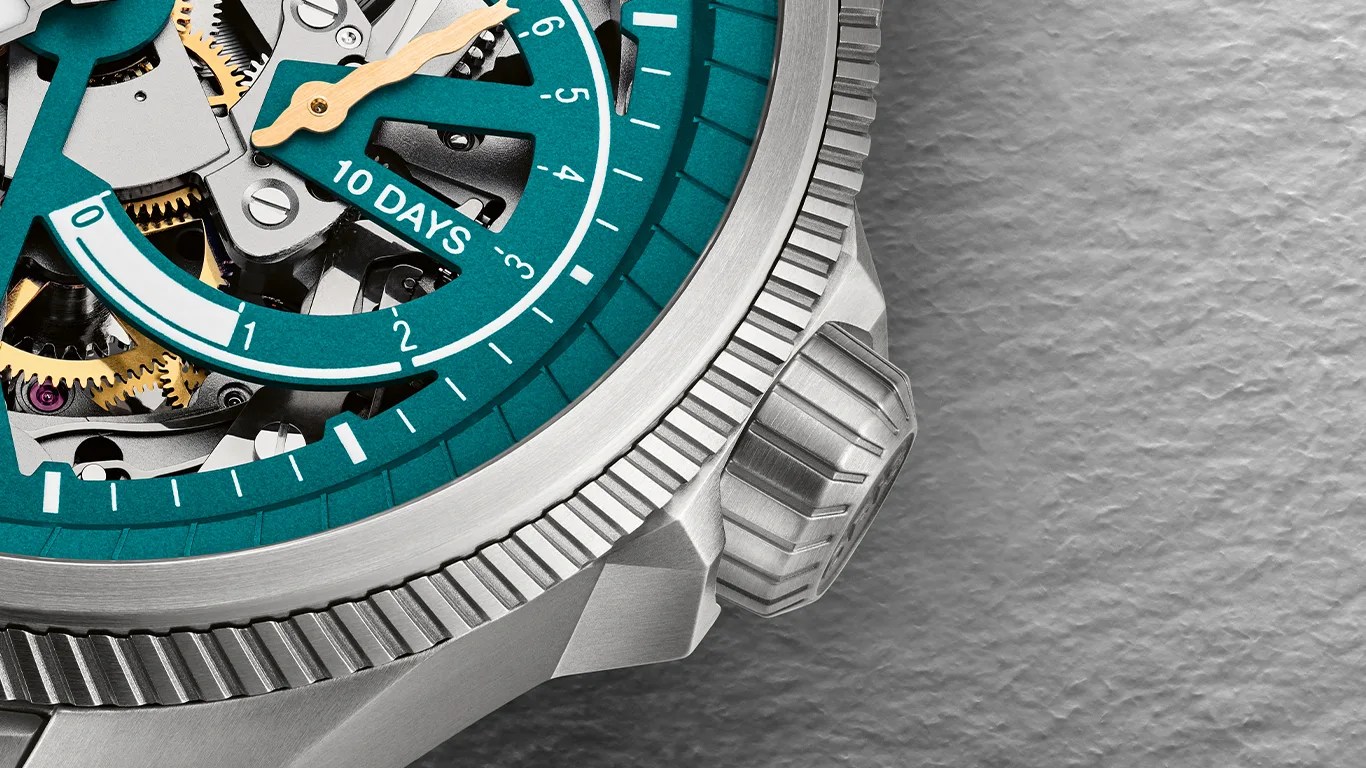 a closeup of an oris skeleton watch