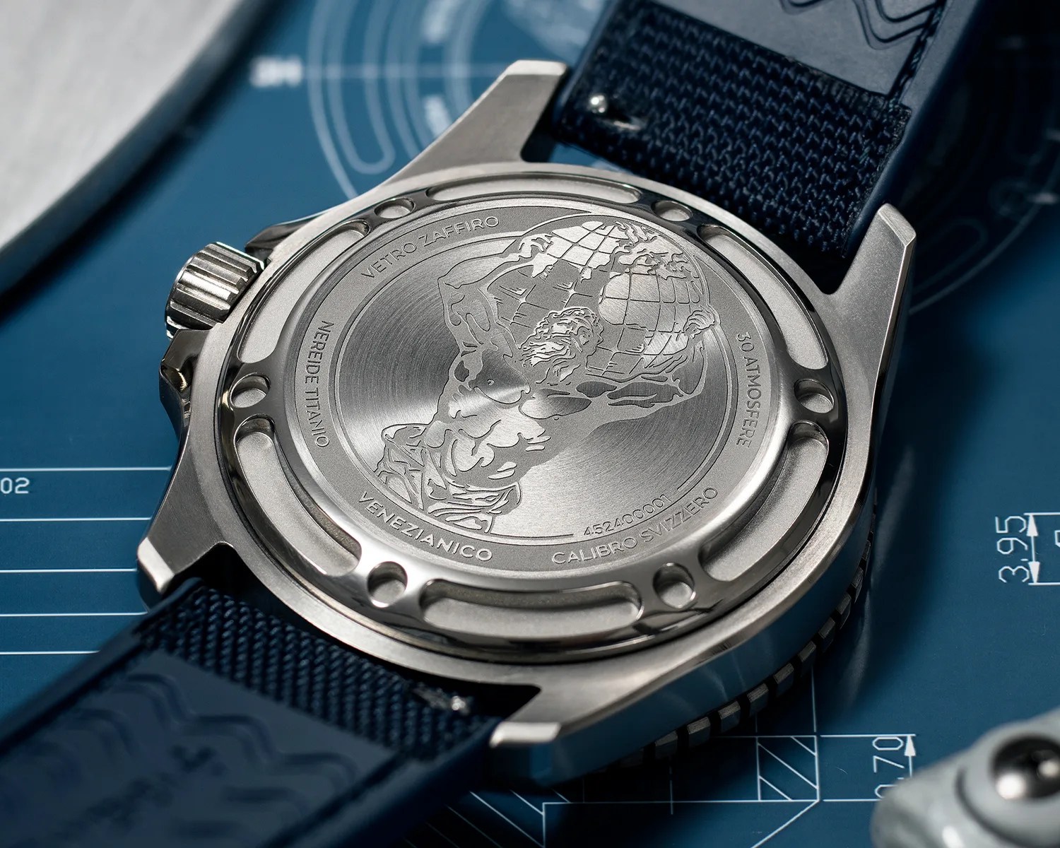 the caseback of a venezianico titanium dive watch