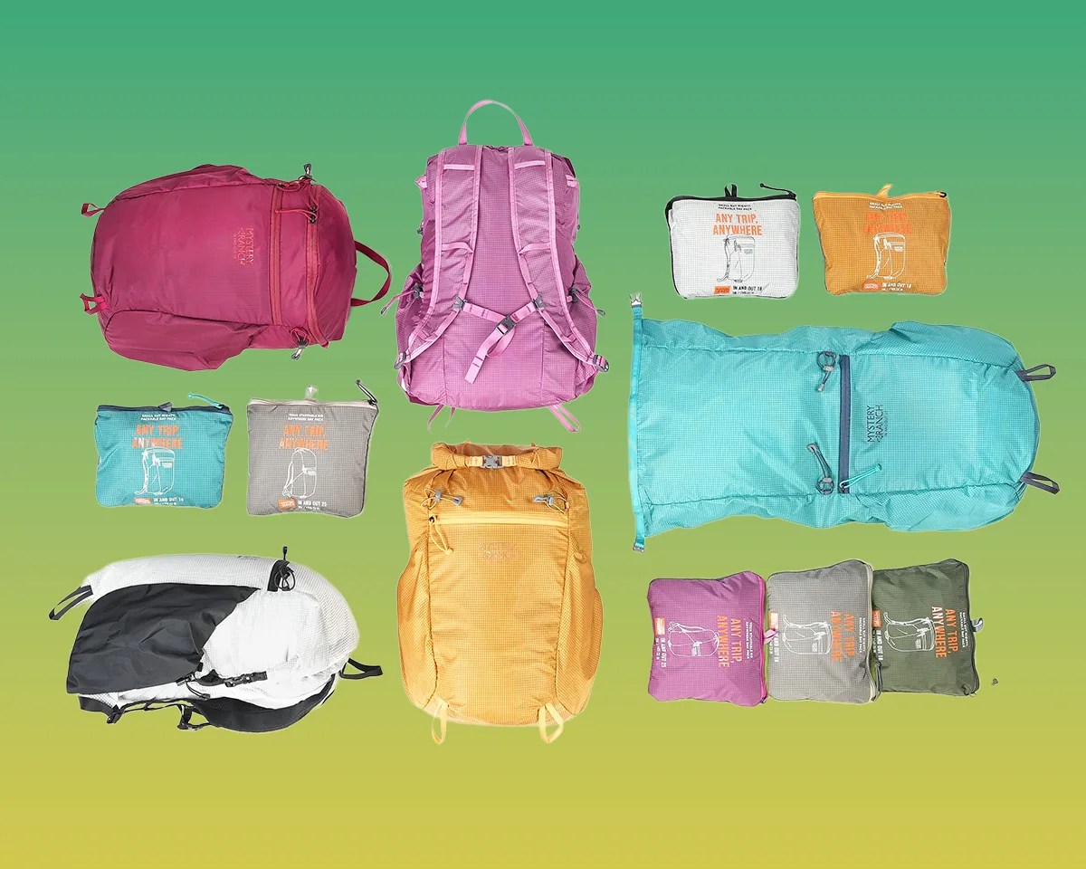 Mystery Ranch In and Out Backpacks expanded and packed on green-yellow gradient background