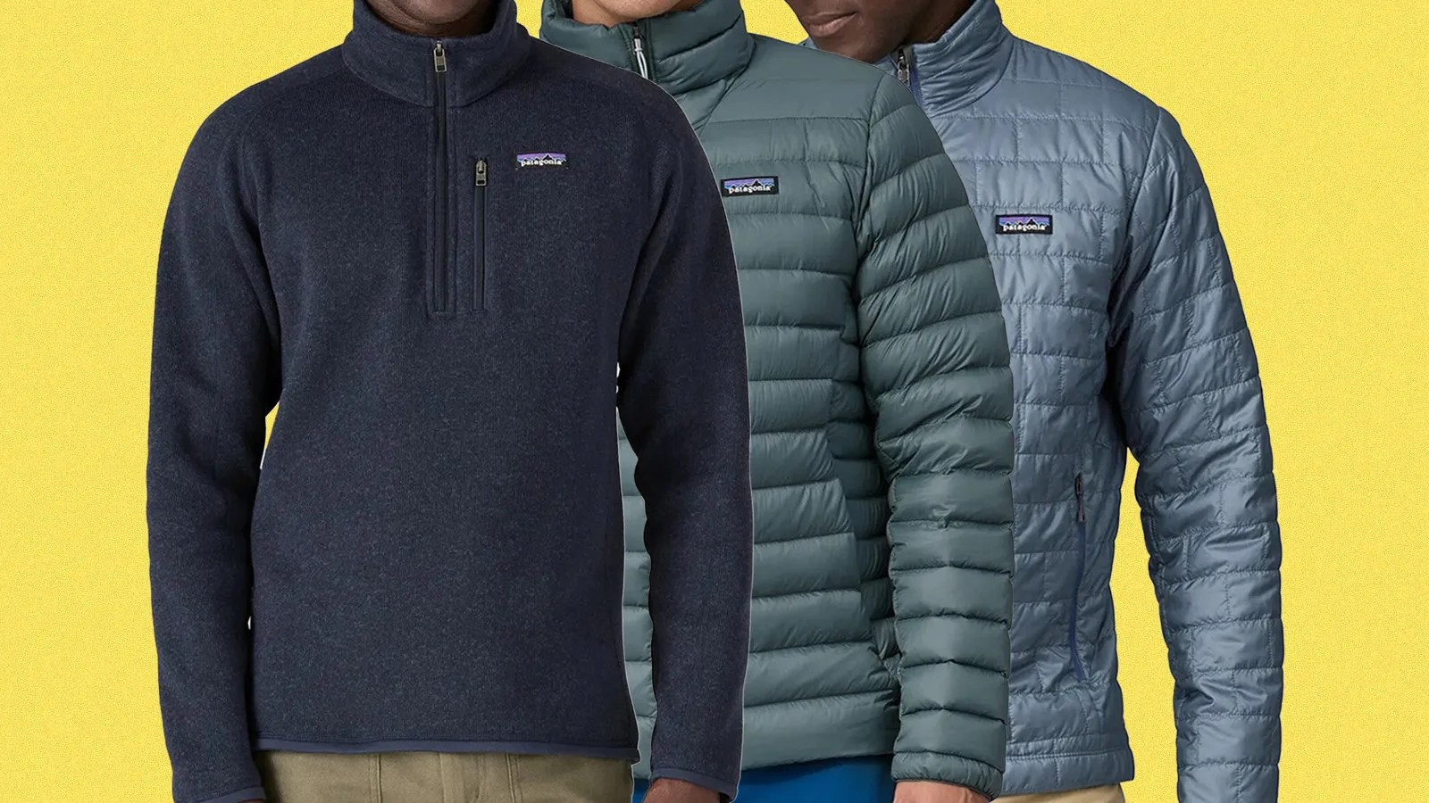 A row of three mens torsos wearing Patagonia jacket's aligned in a row.