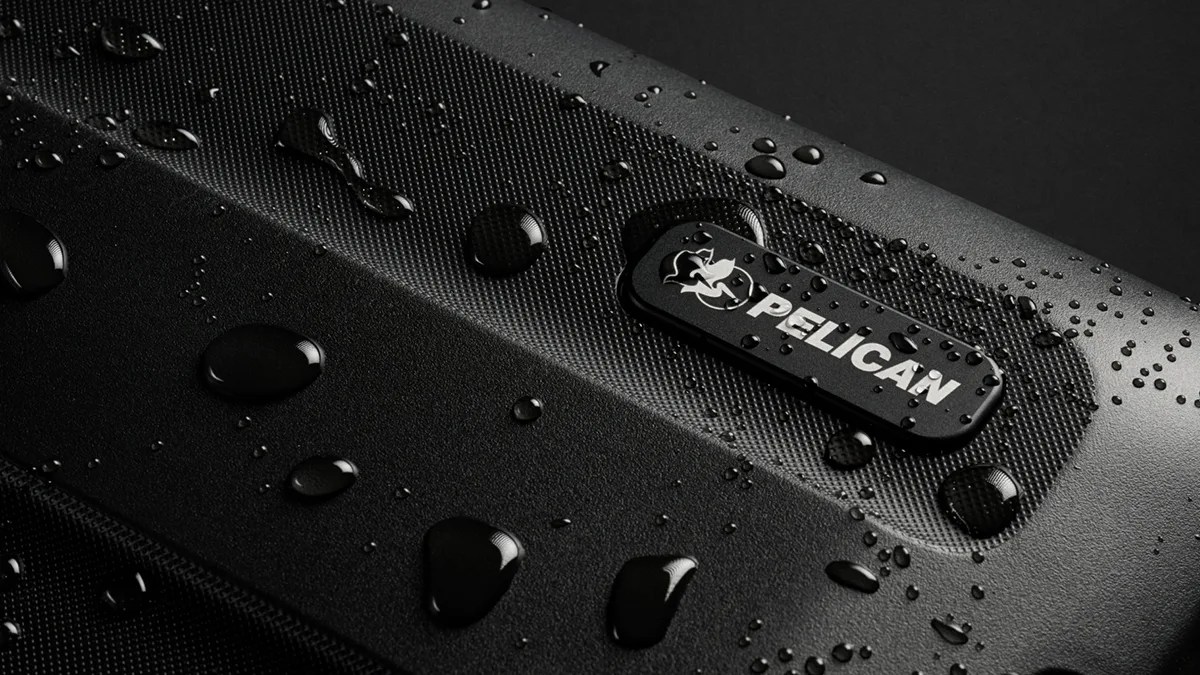 Closeup of Pelican ATX bag covered in water droplets