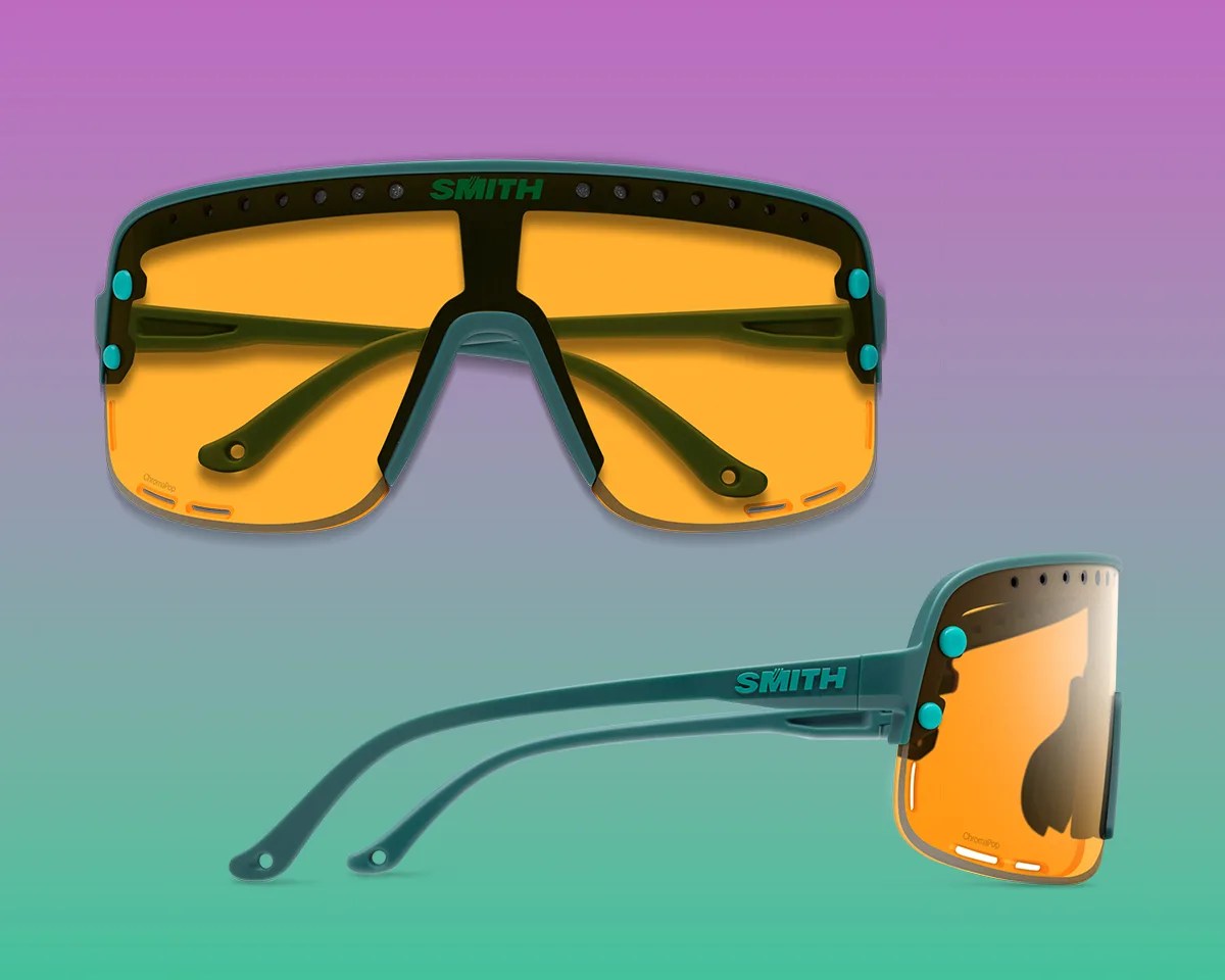 Smith Ultralite sunglasses front and side on green-purple gradient background
