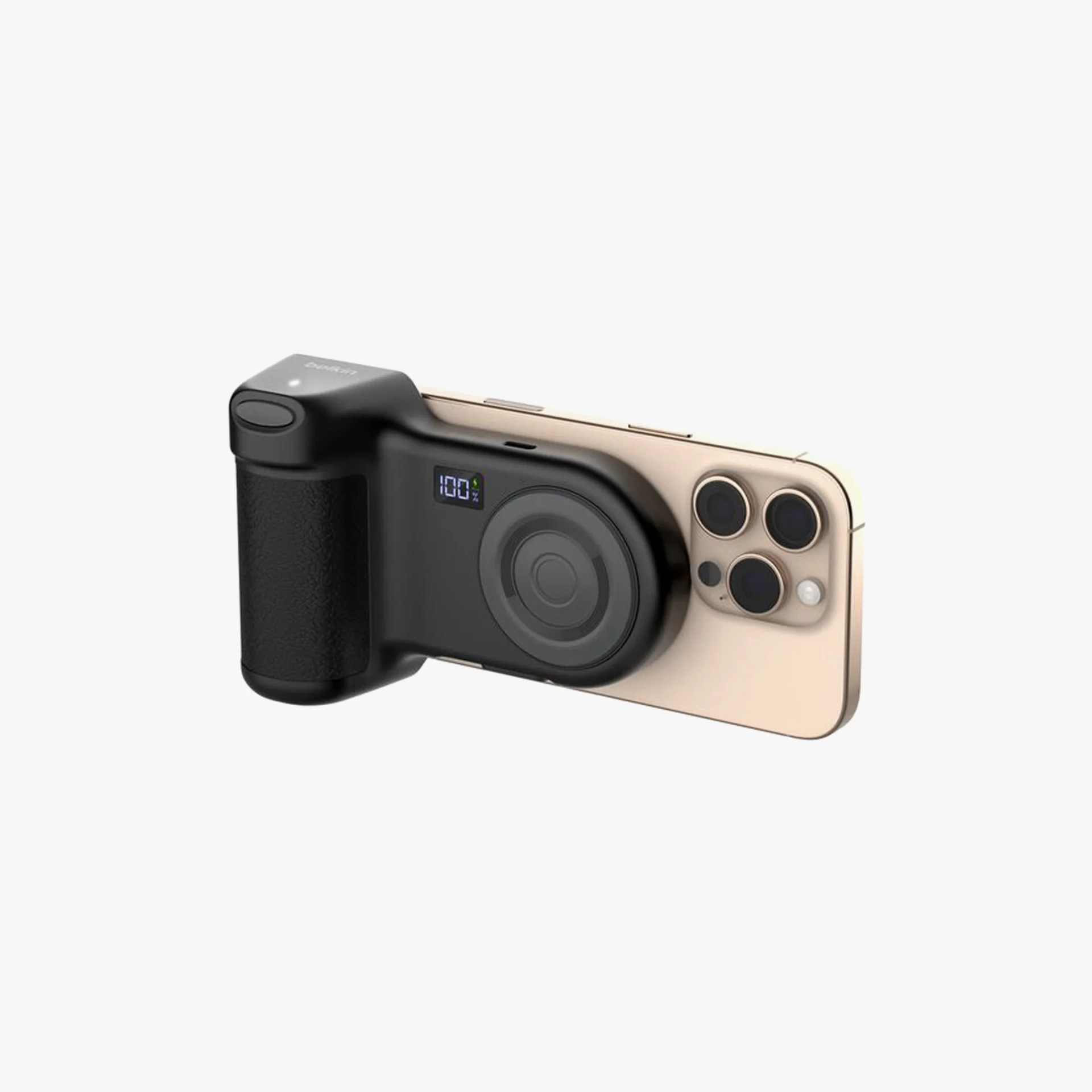 Black smartphone camera grip with digital battery indicator attached to a gold phone.