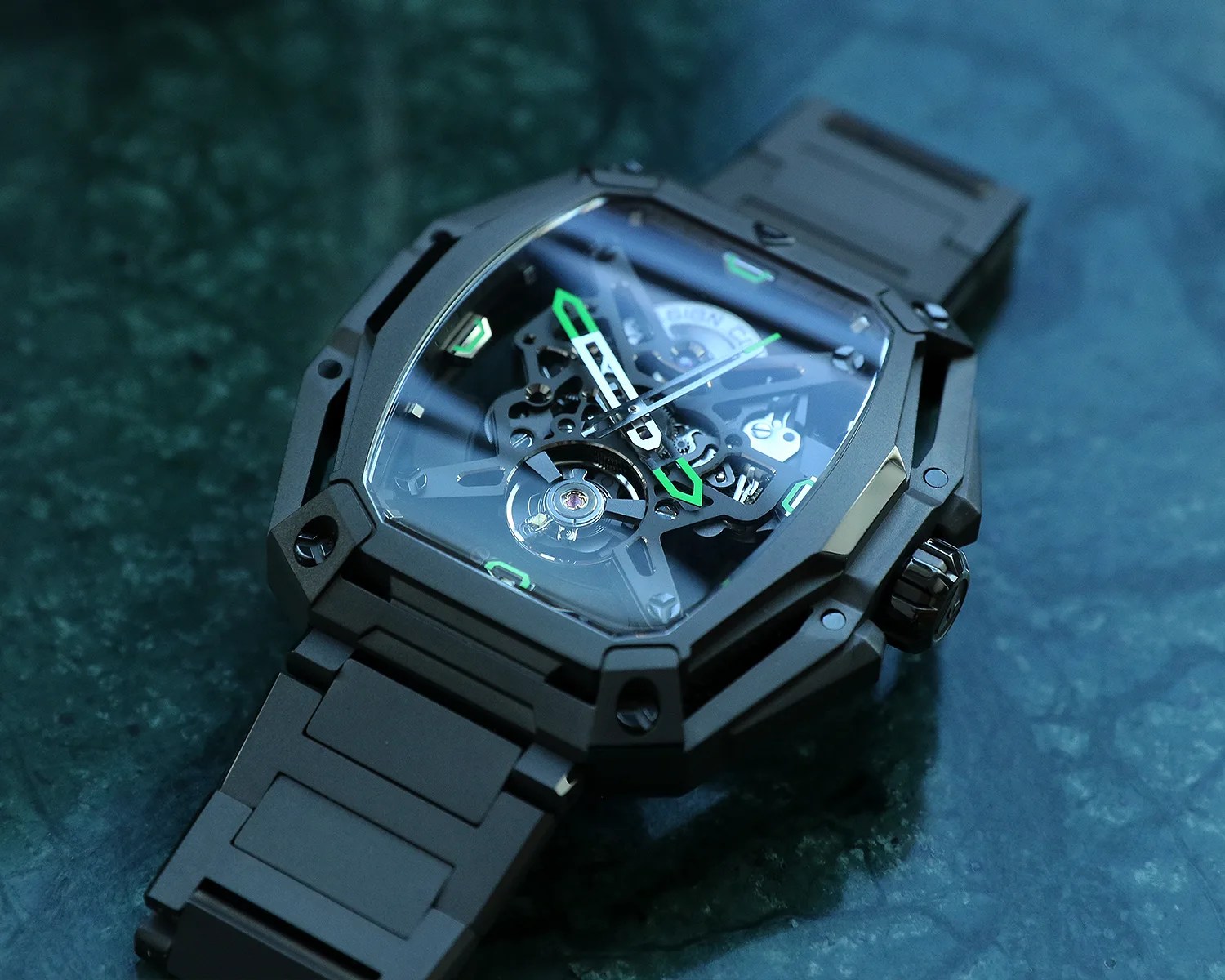 a ciga design skeleton watch on a marble surface