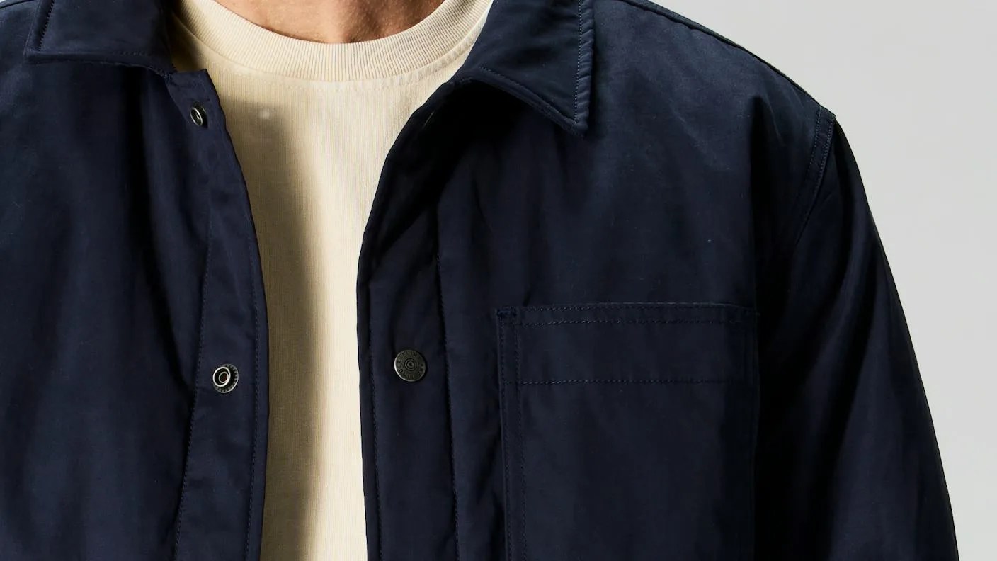 close up collar of a blue jacket