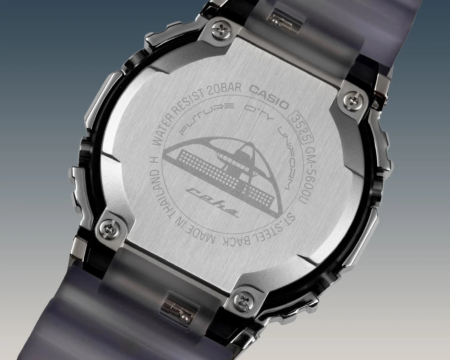 the caseback of a g shock watch depicting an image of the theme building at lax