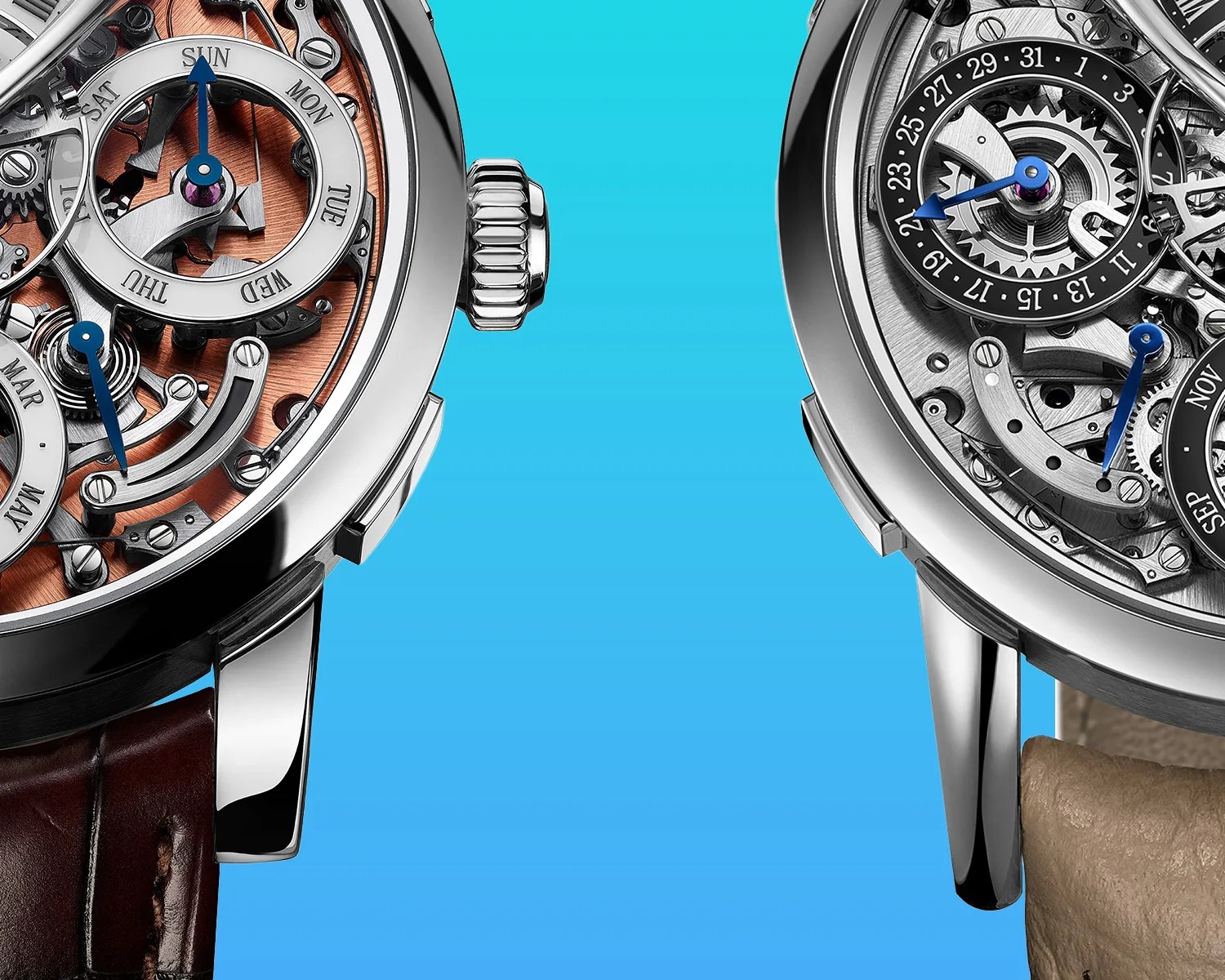 two mb and f watches next to each other