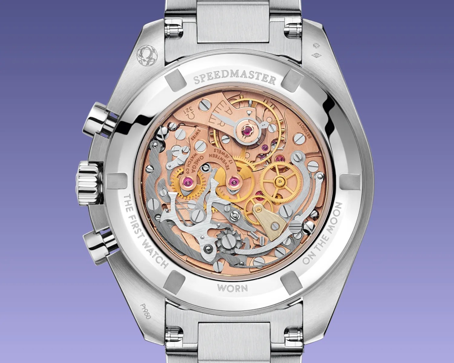 the mechanical chronograph movement of an Omega speedmaster watch seen through its display caseback