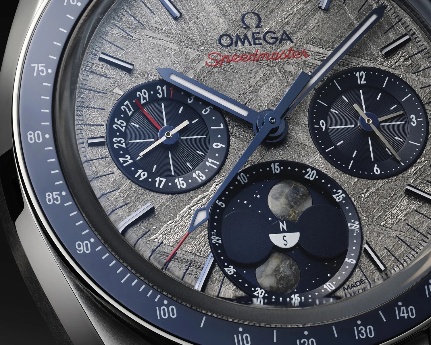 a closeup of an omega speedmaster moonphase watch dial
