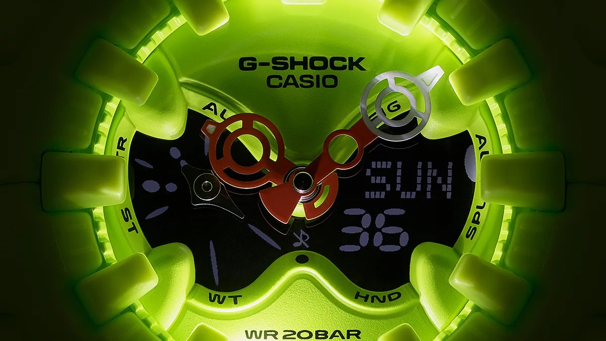 Closeup of Casio G-Shock GA-V01 watch dial with light on