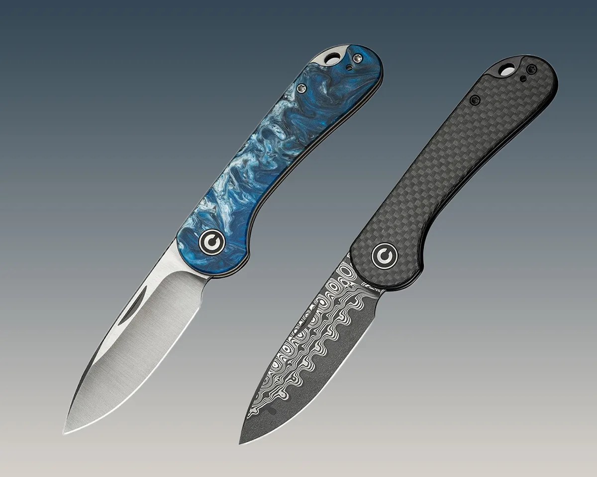 Two Civivi Elementum Slip Joint knives on blue-gray background