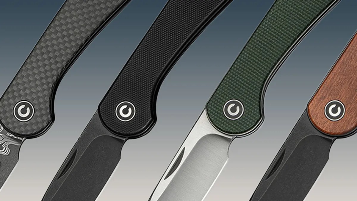 Closeup of four Civivi Elementum Slip Joint knives on blue-gray background