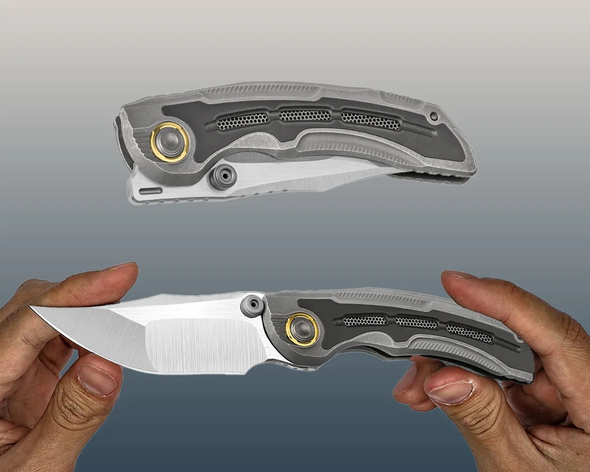 Kizer Silverwing knife closed and in hands on gray background