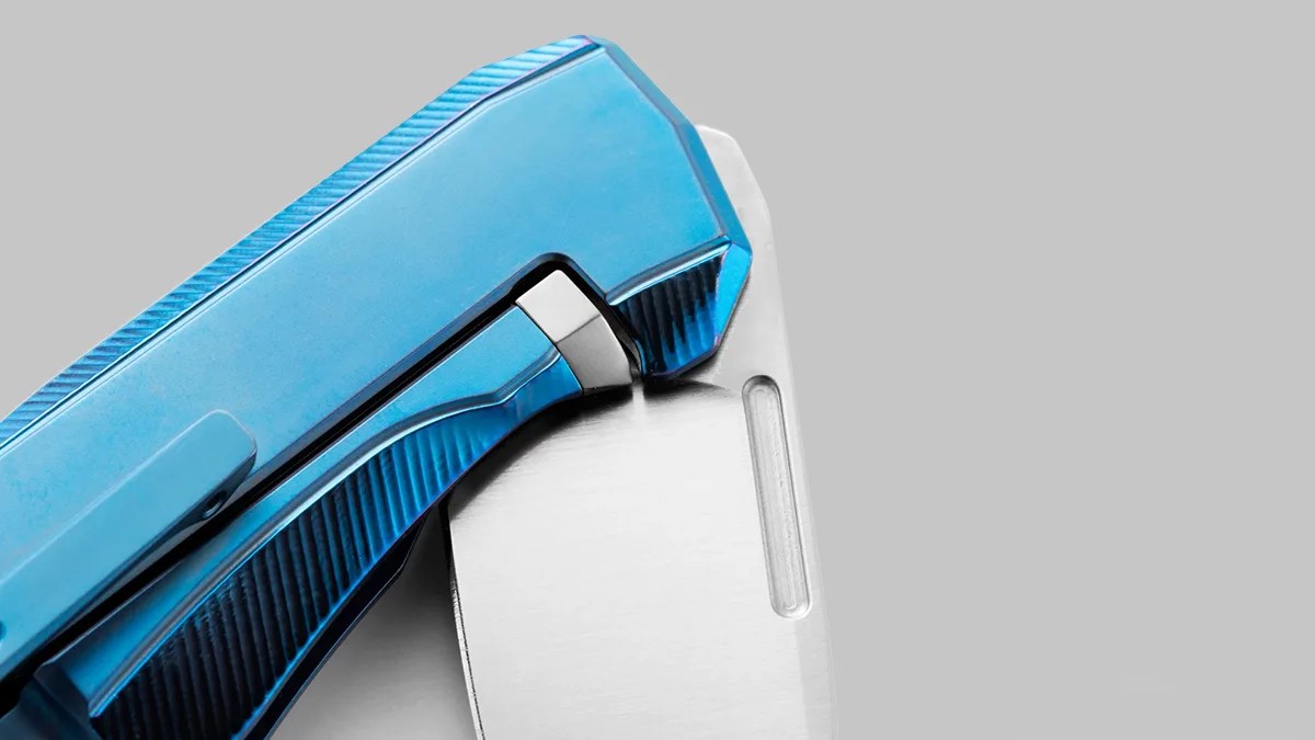 Lionsteel N1 knife closeup on gray background