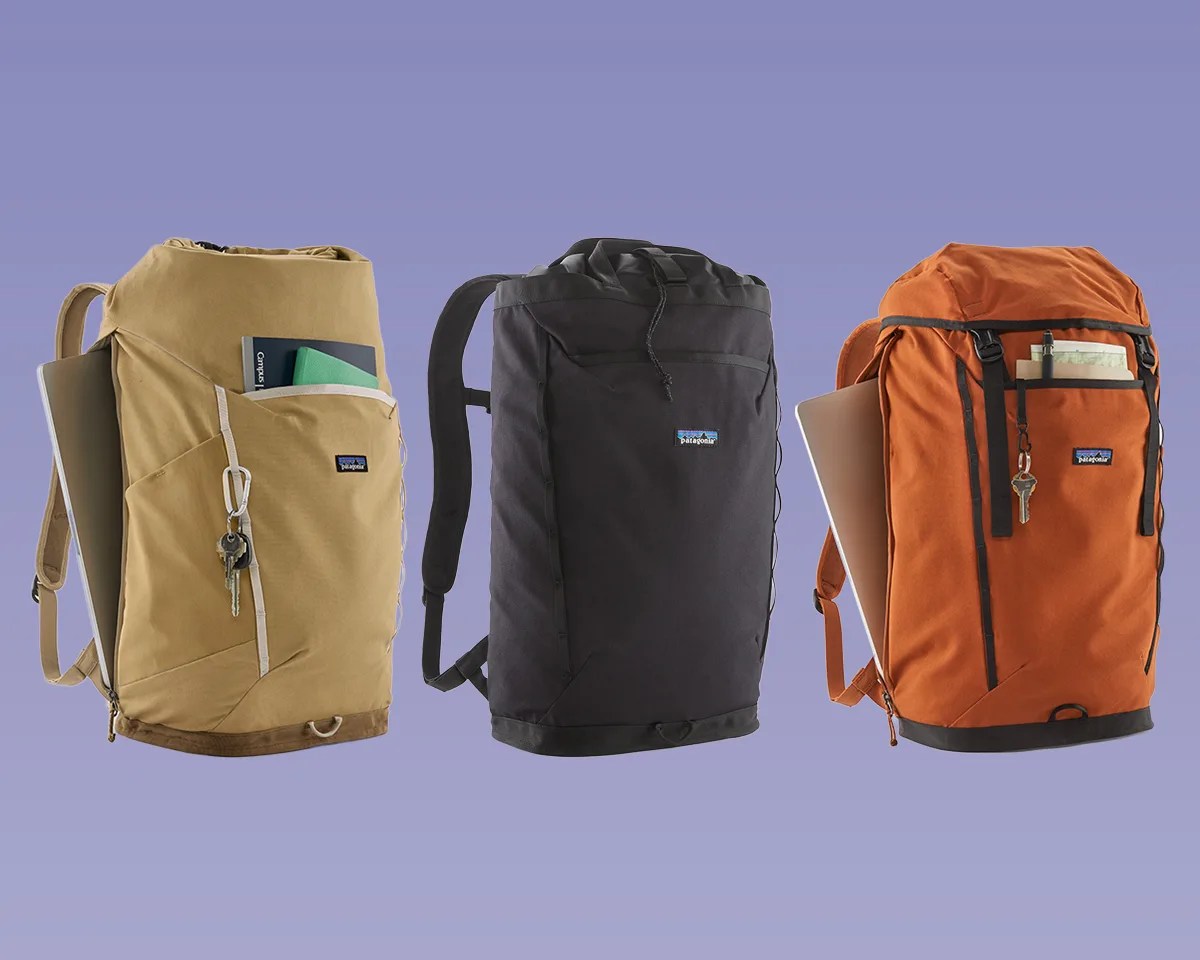 Three Patagonia Fieldsmith Backpacks on purple background