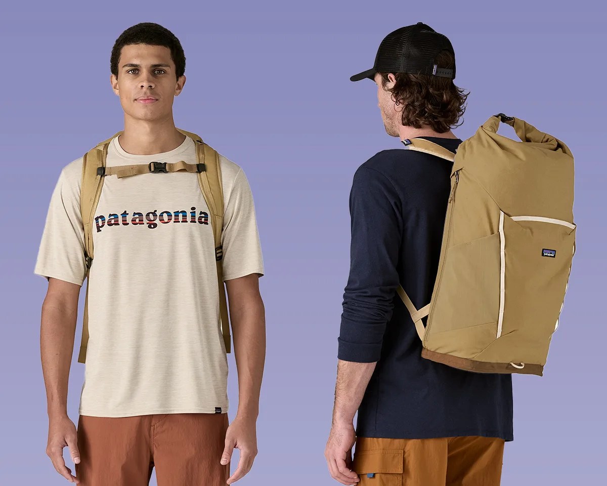 Two men wearing Patagonia Fieldsmith Backpacks on purple background