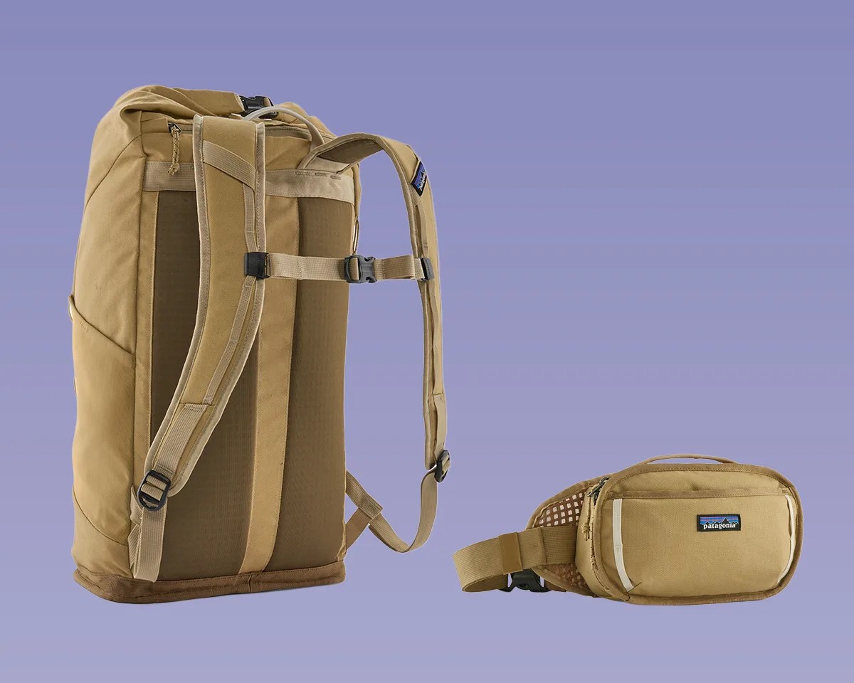 Patagonia Fieldsmith Backpack and hip pack on purple background