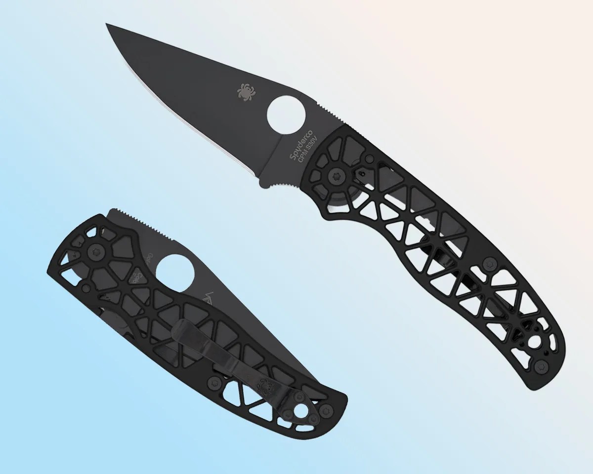 Spyderco Edgerati knives on blue-pink background