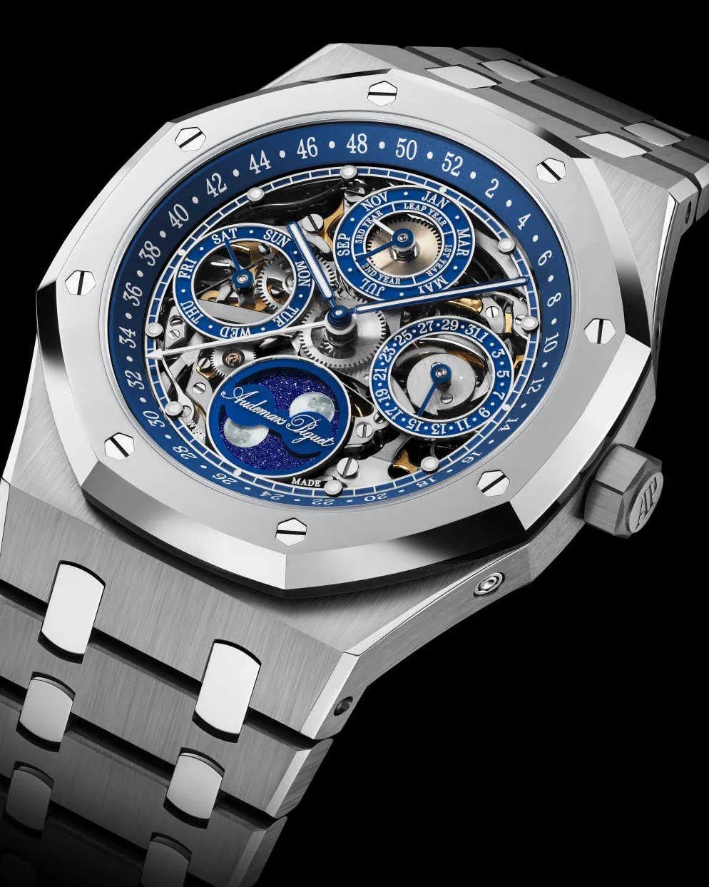 a steel Audemars Piguet perpetual calendar watch with a skeletonized dial