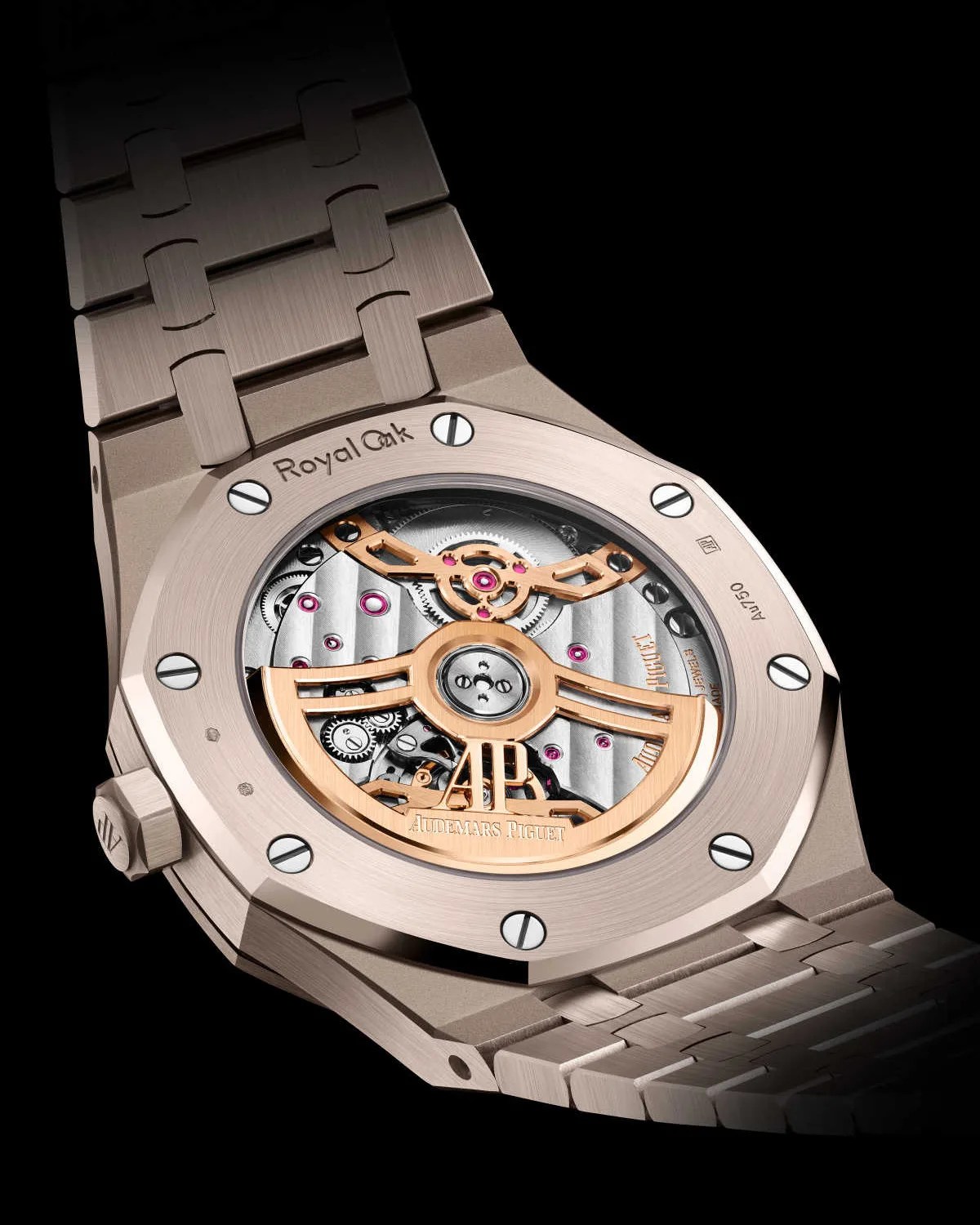 the display case back of a rose gold Audemars Piguet watch