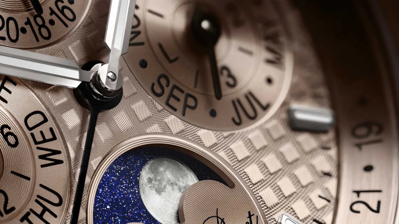 close view of a Audemars Piguet rose gold perpetual calendar watch dial