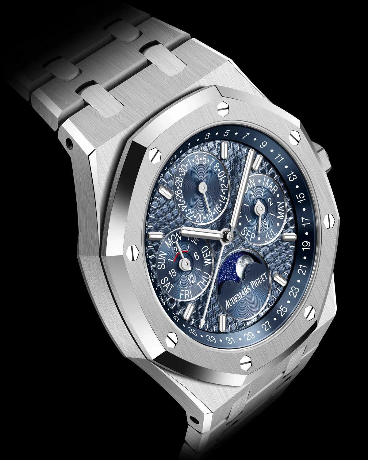 a steel Audemars Piguet perpetual calendar watch with a blue dial