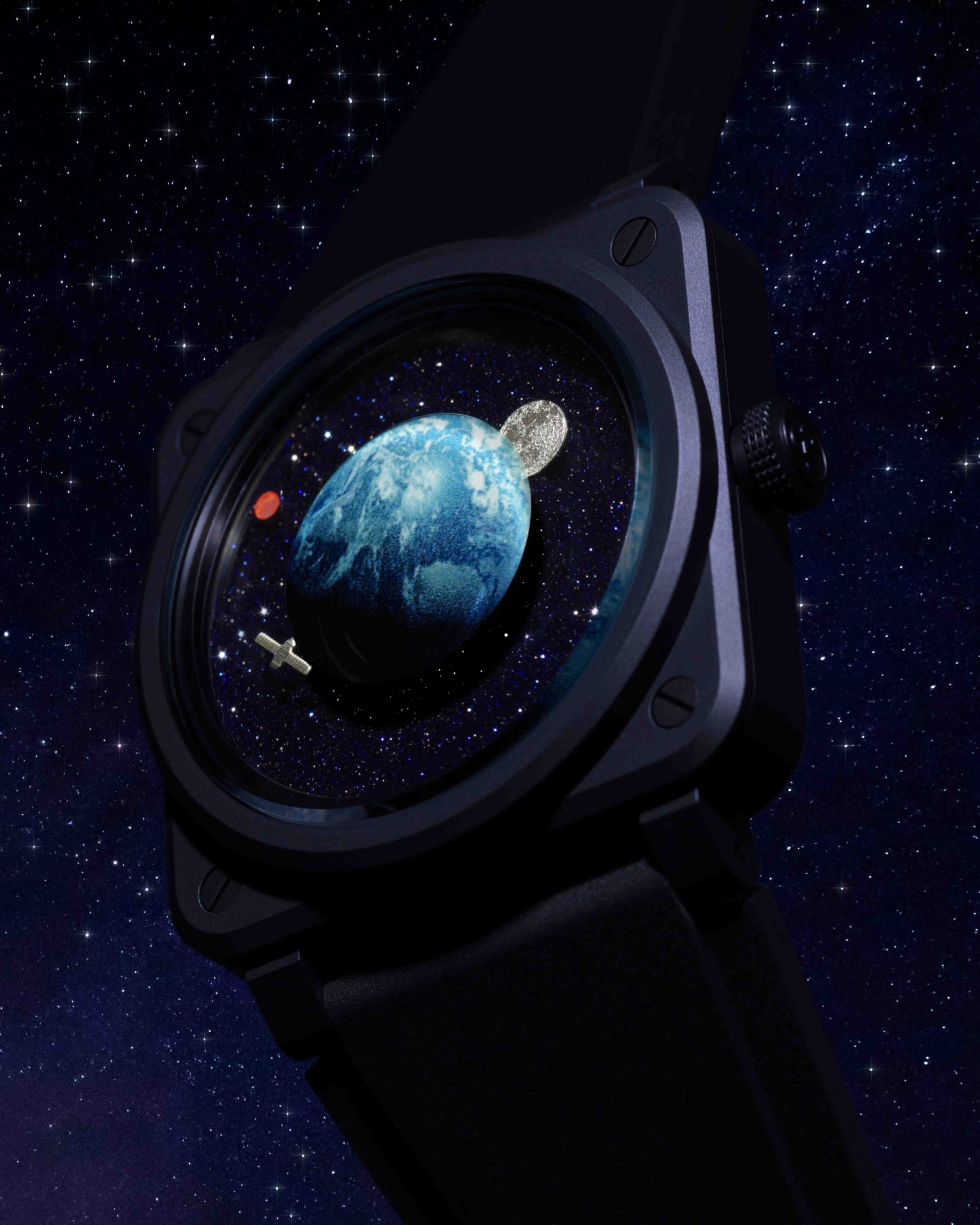 a watch with earth on the dial floating in space