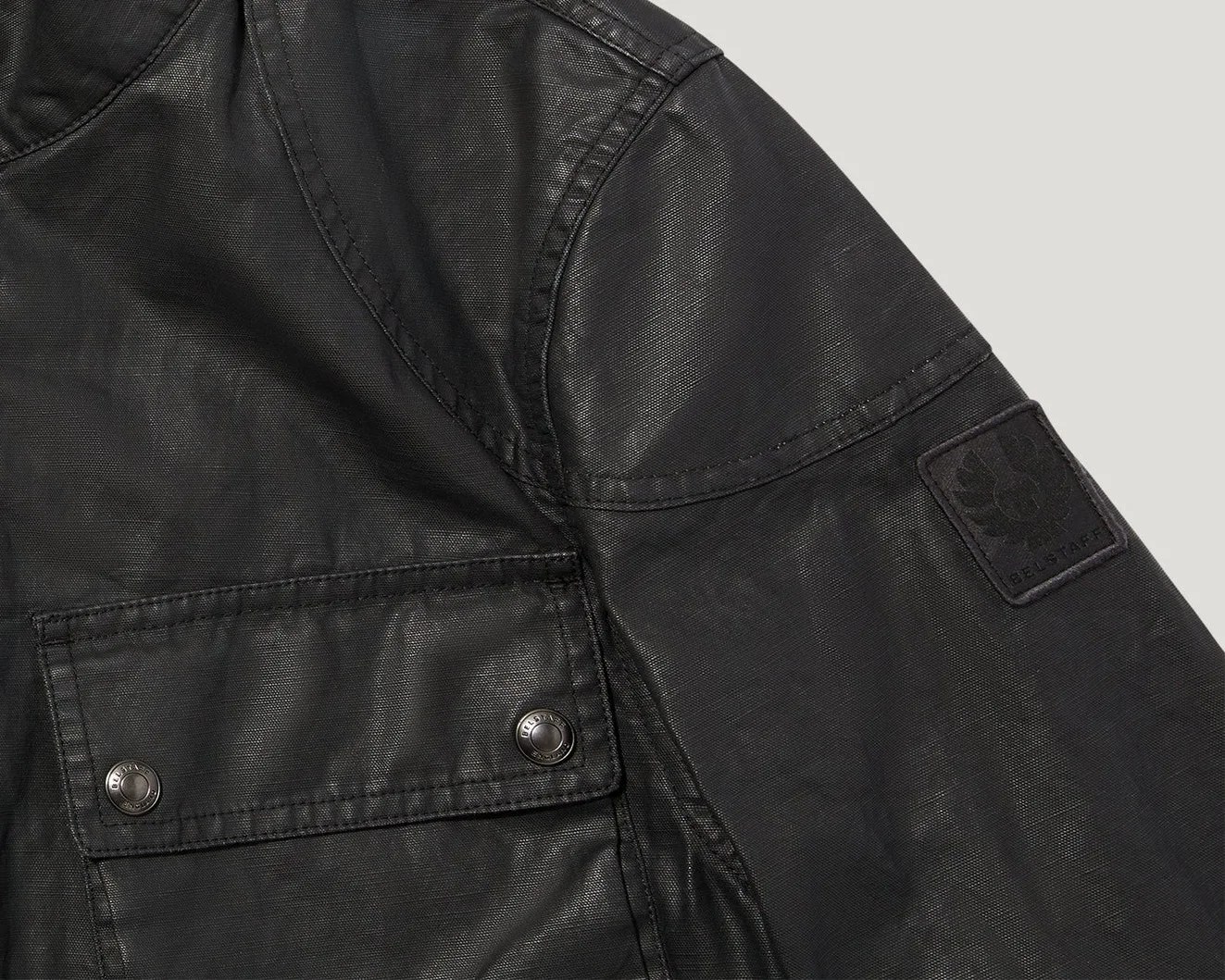 The shoulder of a Belstaff jacket
