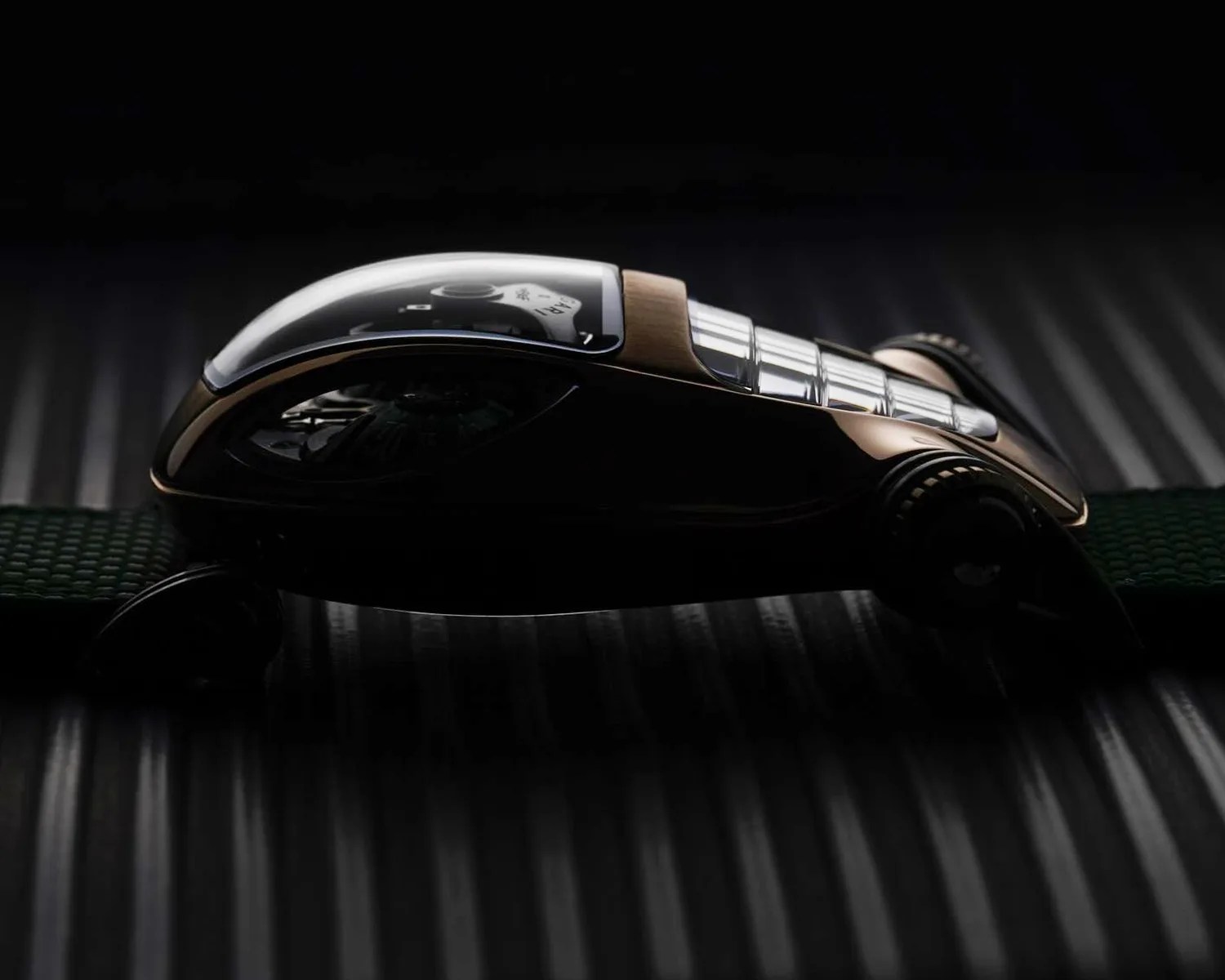 a bulgari x mb and f watch seen from the side resembling a car
