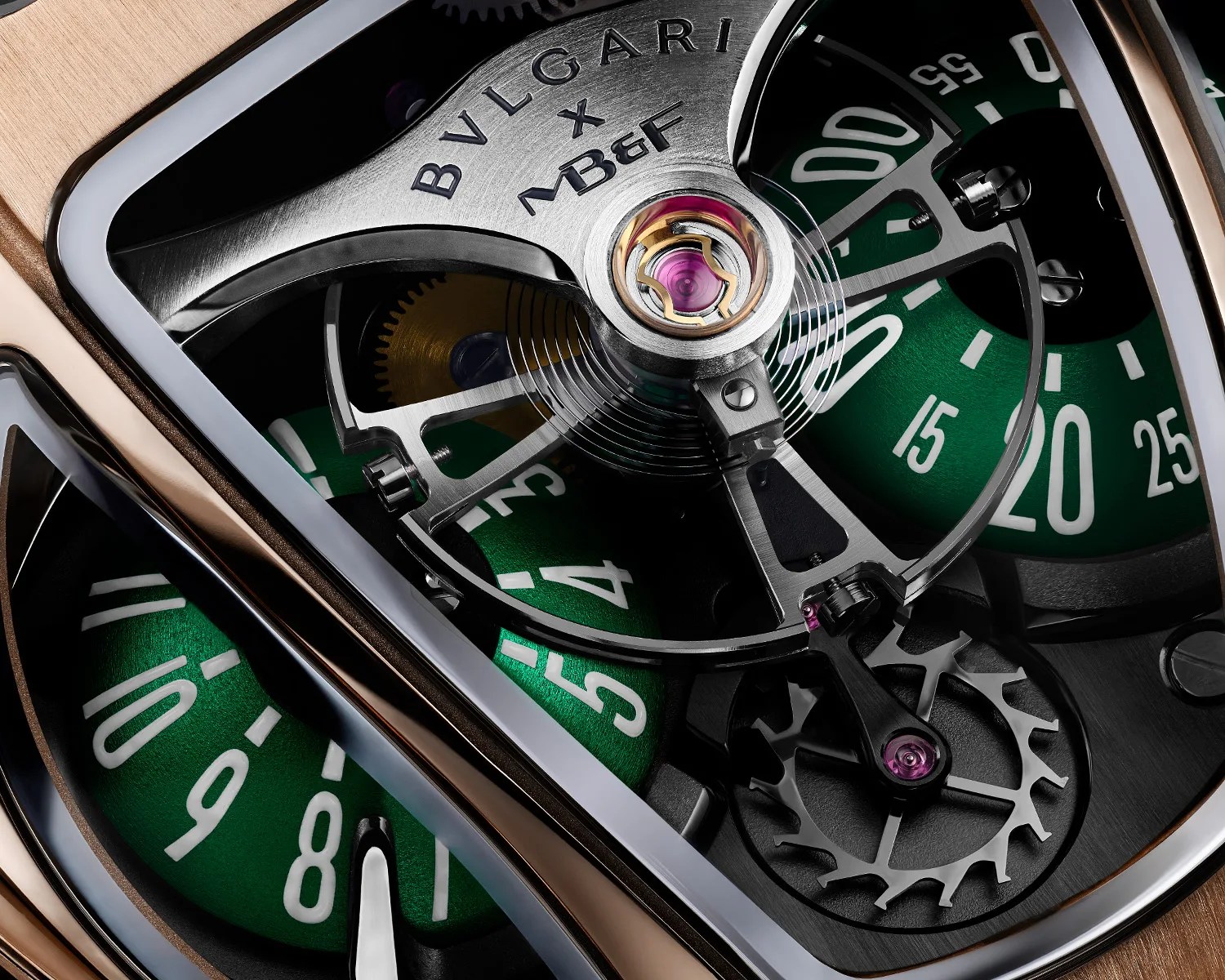 a closeup of the escapement in a bulgari x mb and f watch movement