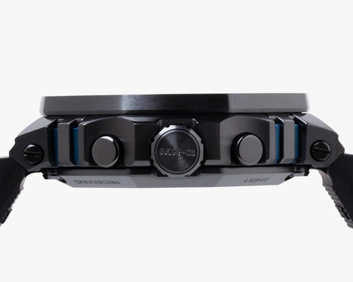 side view of the crown on a mr-g casio g-shock watch