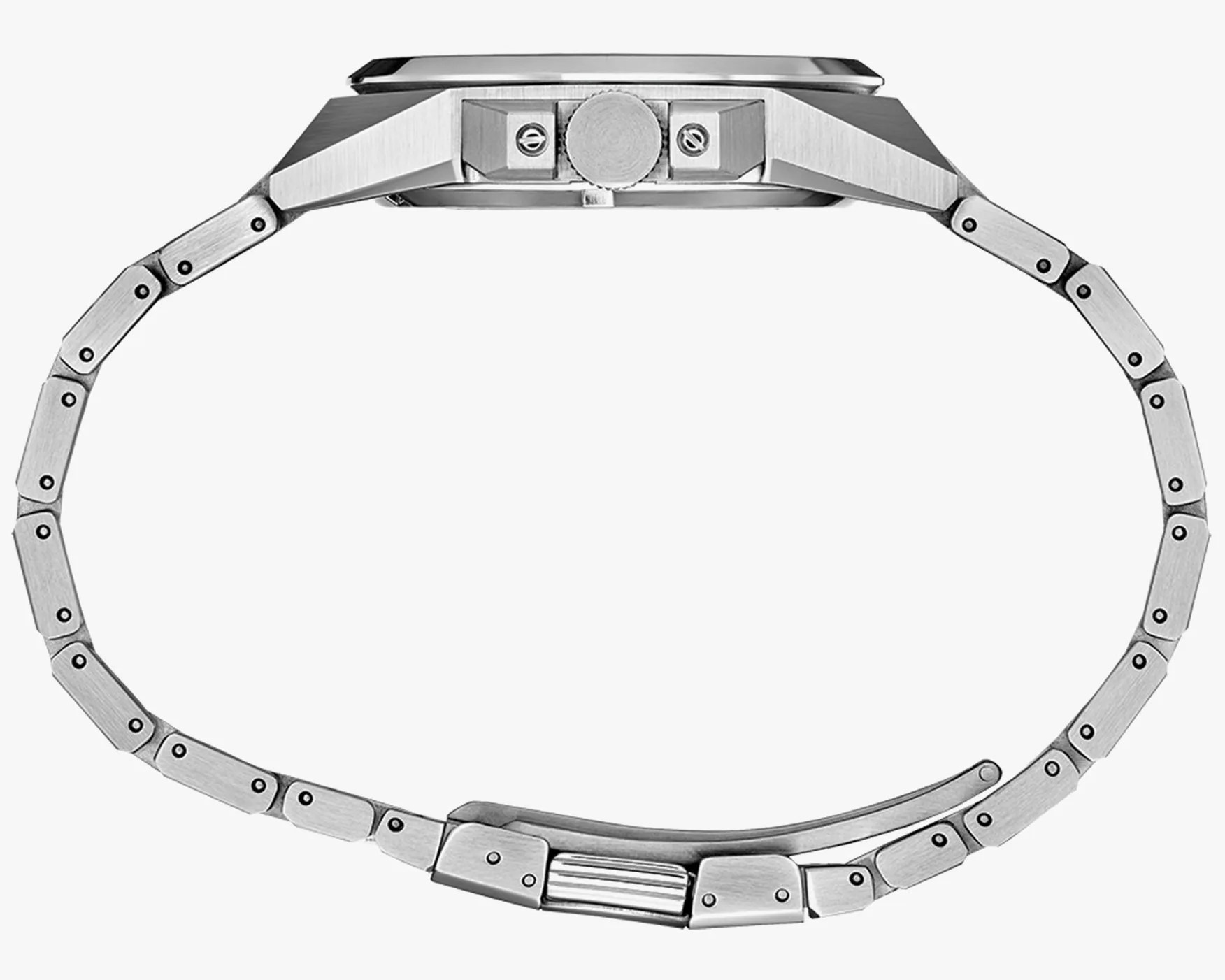 the side view of a steel watch case and bracelet