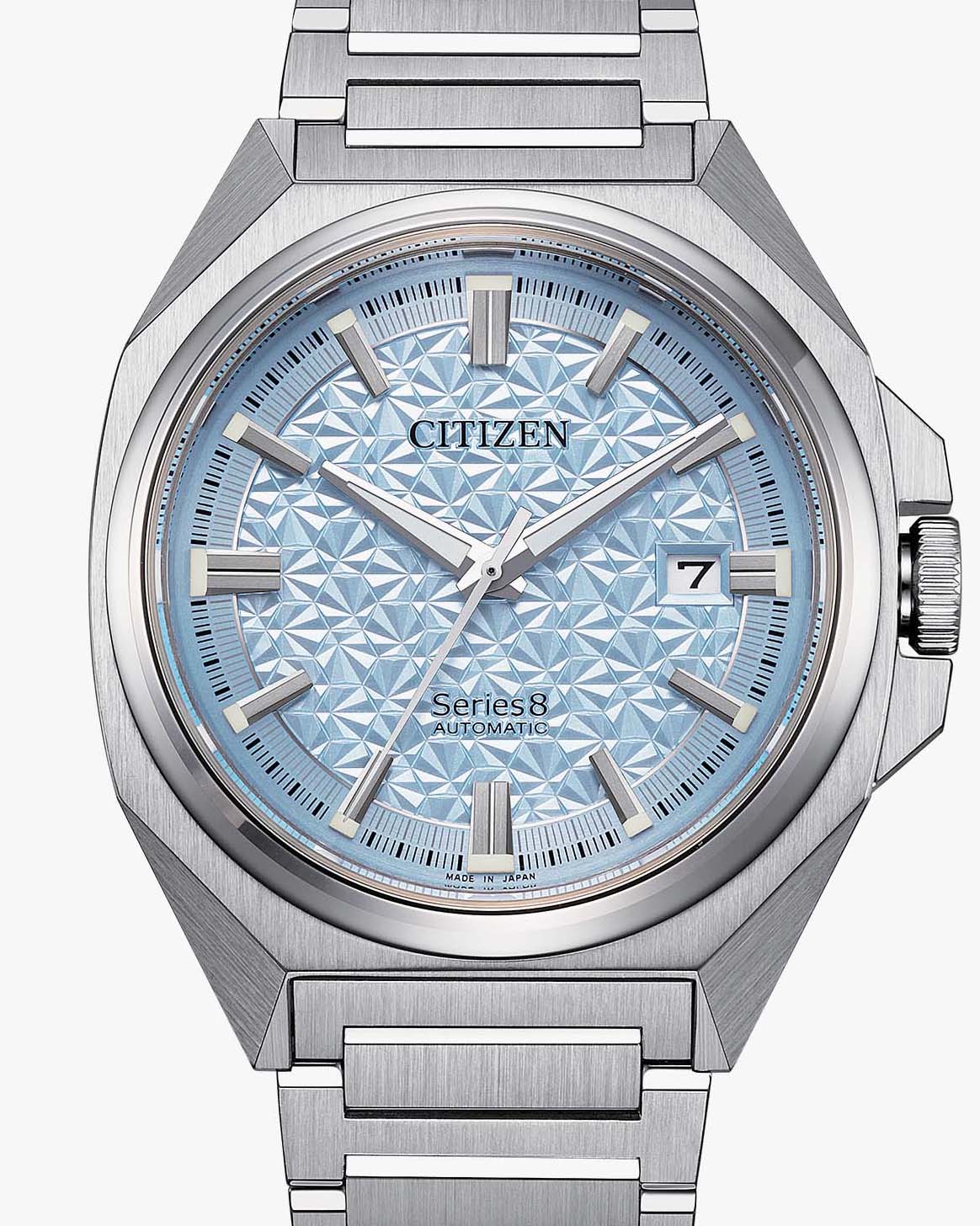 the light blue dial of a steel Citizen watch