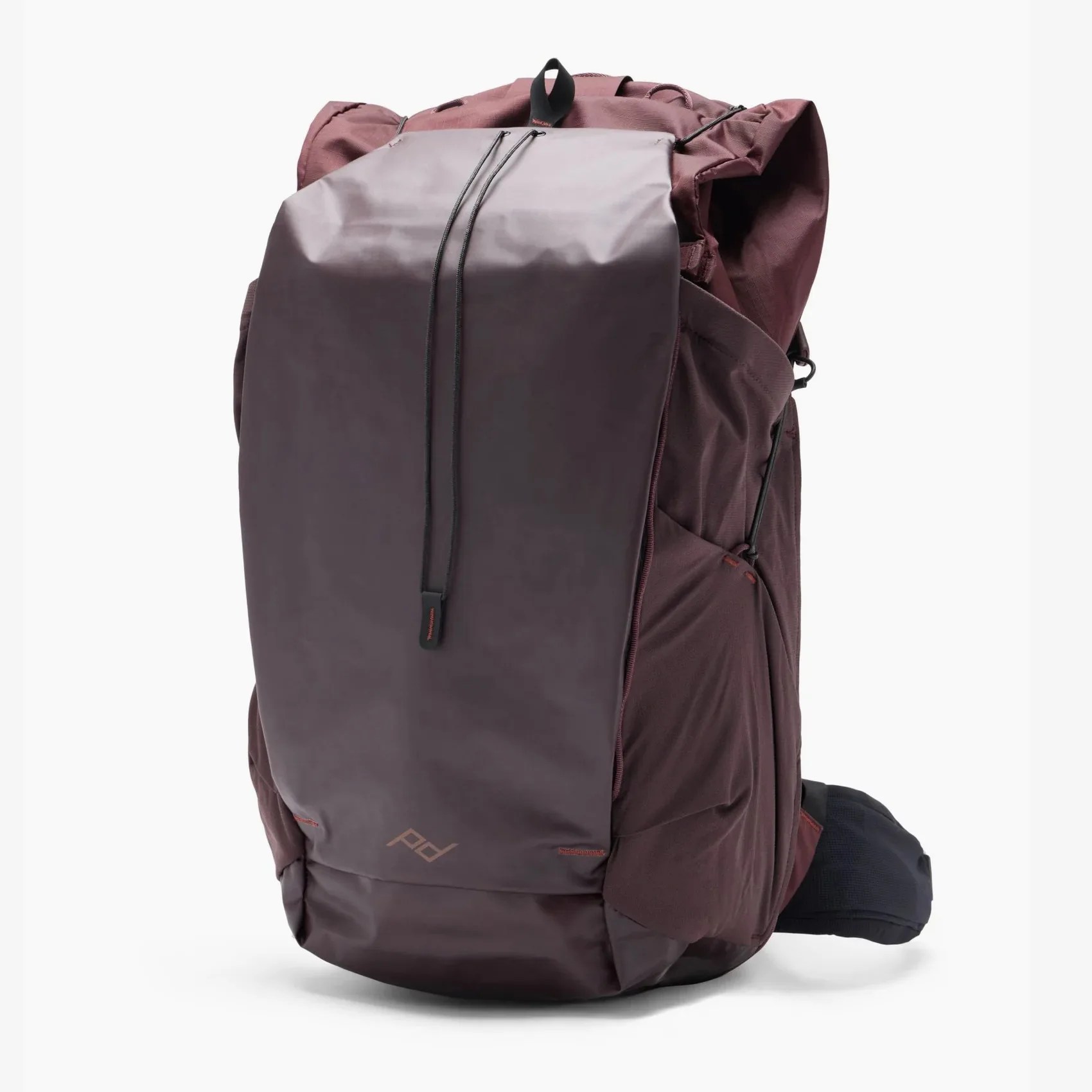 Maroon and dark gray roll-top backpack with front flap and black drawstring closure.